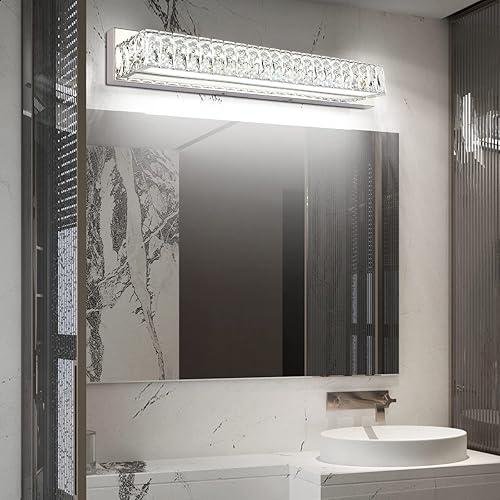 Miniatura 7 de ZUZITO Moderna lámpara de baño sobre espejo de 30 pulgadas, barra de luz LED cromada de cristal, luz blanca, 6000 K (295.276-29.921 in)