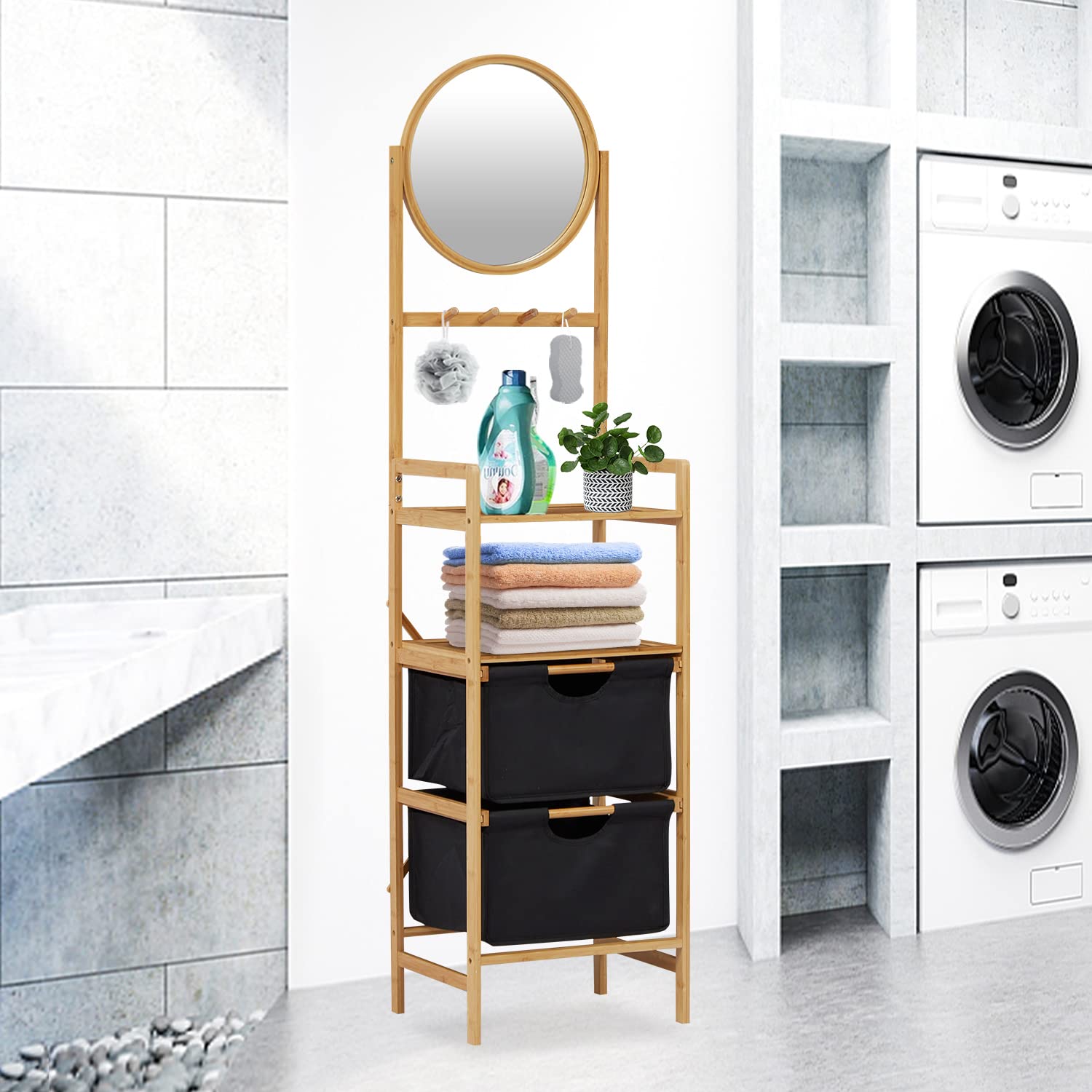 AIIT Bamboo Laundry Storage Storage Shelf Rack - Bathroom Tall Cabinet Floor with Mirror & Drawers, 4- Tier Free Standing Tower Corner Rack with Hooks for Living Room Bedroom Kitchen, Nature