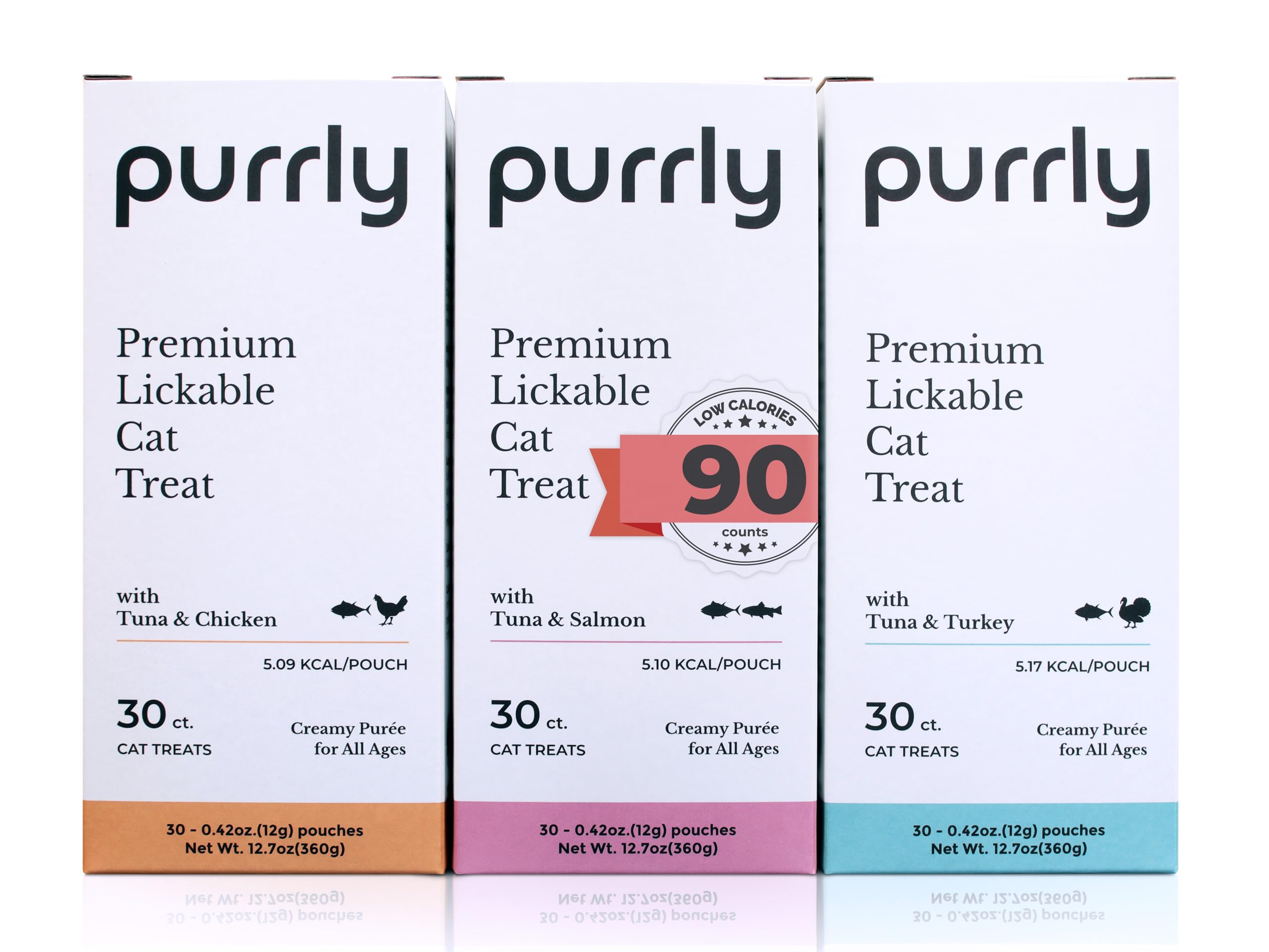Purrly Healthy Premium Cat Treats Snack Topper Tuna Variety Bundle (90 Count) Lickable Wet Squeezable Hydrating Interactive Seafood Grain-Free Naturally Flavored Non-GMO No-Preservative