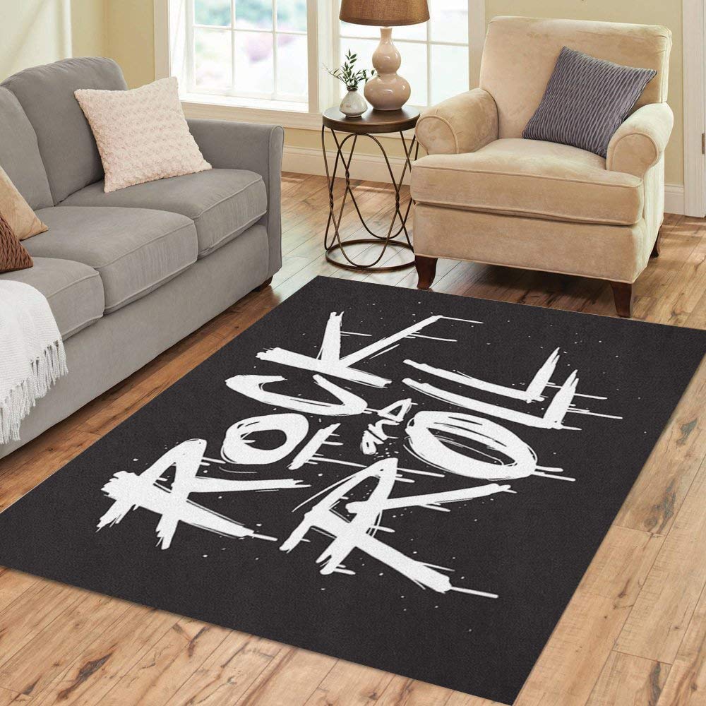 Pinbeam Area Rug Old Sketch Rock and Roll Rock`N`Roll Tattoo Text Home Decor Floor Rug 3' x 5' Carpet