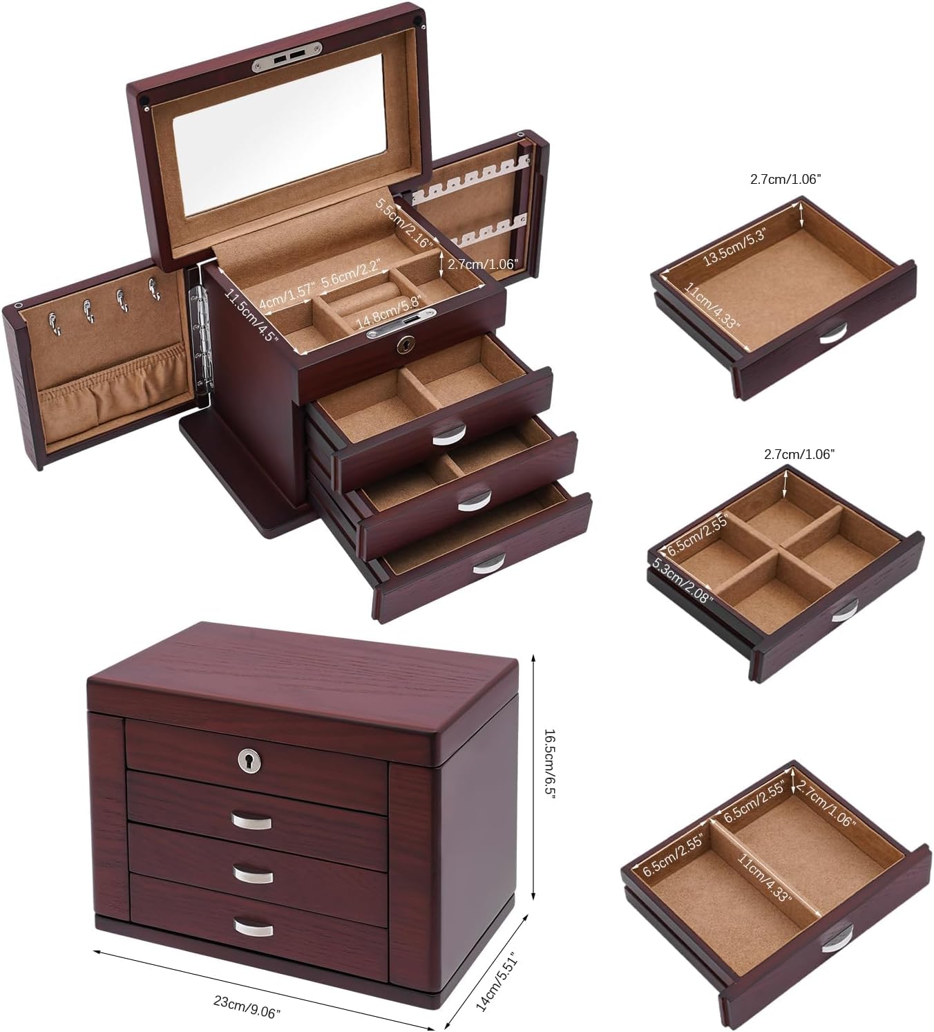 Jewelry Box, 4-Layer Jewelry Organizer, Desktop Jewelry Case with Mirror, Jewelry Cabinet Jewelry Storage for Jewelry Rings Earrings Necklaces