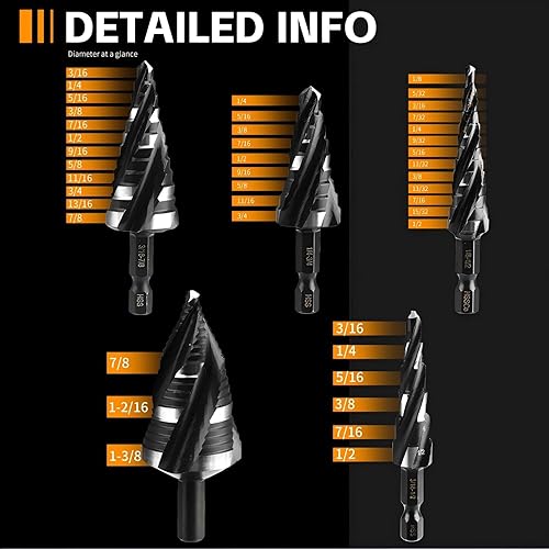 Miniatura 4 de Juego de brocas escalonadas, 5 piezas, cuatro puntas de flauta en espiral para metal, 43 tamaños de brocas HSS recubiertas de titanio con vástago