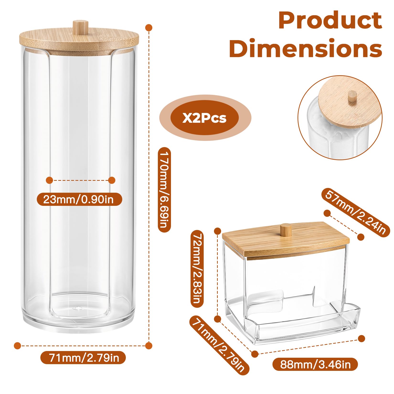 2 Pz Porta Cotton Fioc, Contenitori per Dischetti Struccanti, Trasparente, Scatola Dispenser Tamponi con Coperchio in Bambù, Organizzatore per Batuffoli Cotone, Cosmetici, Trucco