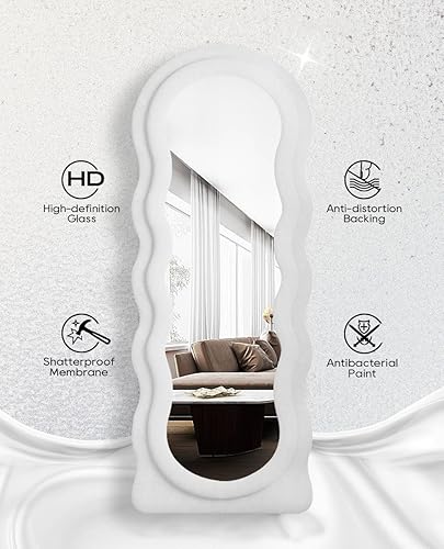 Miniatura 7 de Espejo de Cuerpo Entero, 63"x24" Espejo de Piso Ondulado, Espejos de Pie Arqueados de Cuerpo Entero, Espejo de Pared de Franela con Forma de Nube,