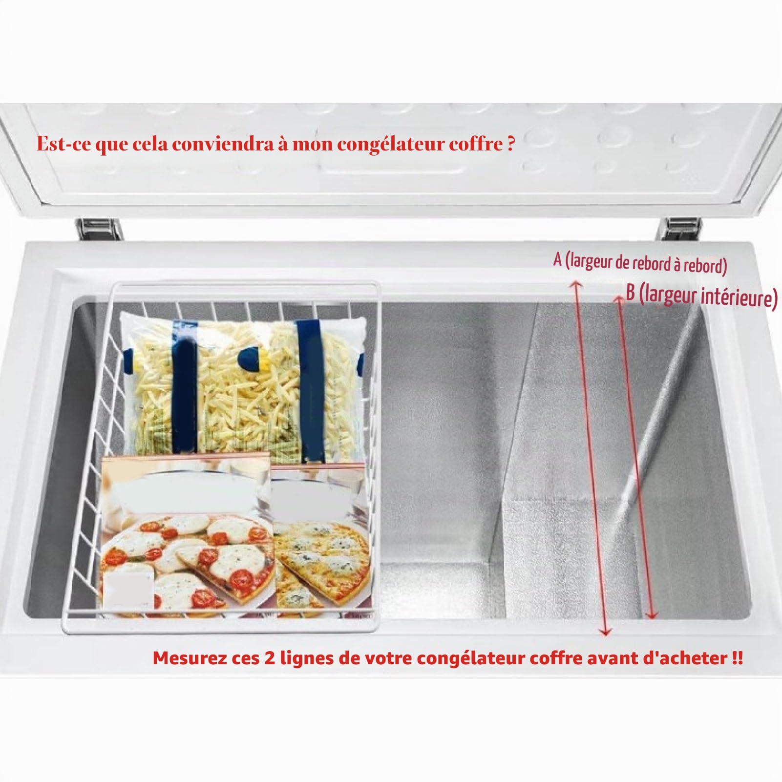 Lot de 2 Grands Paniers de Congélateur en Fil Métallique, Antirouille avec Poignées Portables, Idéal pour le Garde-manger, le Réfrigérateur, la Salle de Bain, la (49.5x24.5x20cm