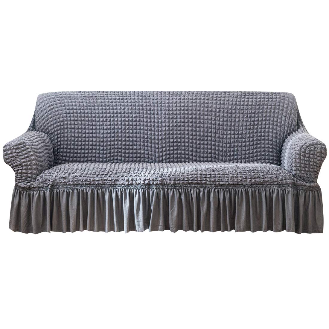 YAOYI Stretch Sofa Cover with Skirt, 1/2/3/4 Seater Seersucker Full Cover Sofa Protective Cover, Polyester Spandex Fabric (2 Seater,Light Grey)
