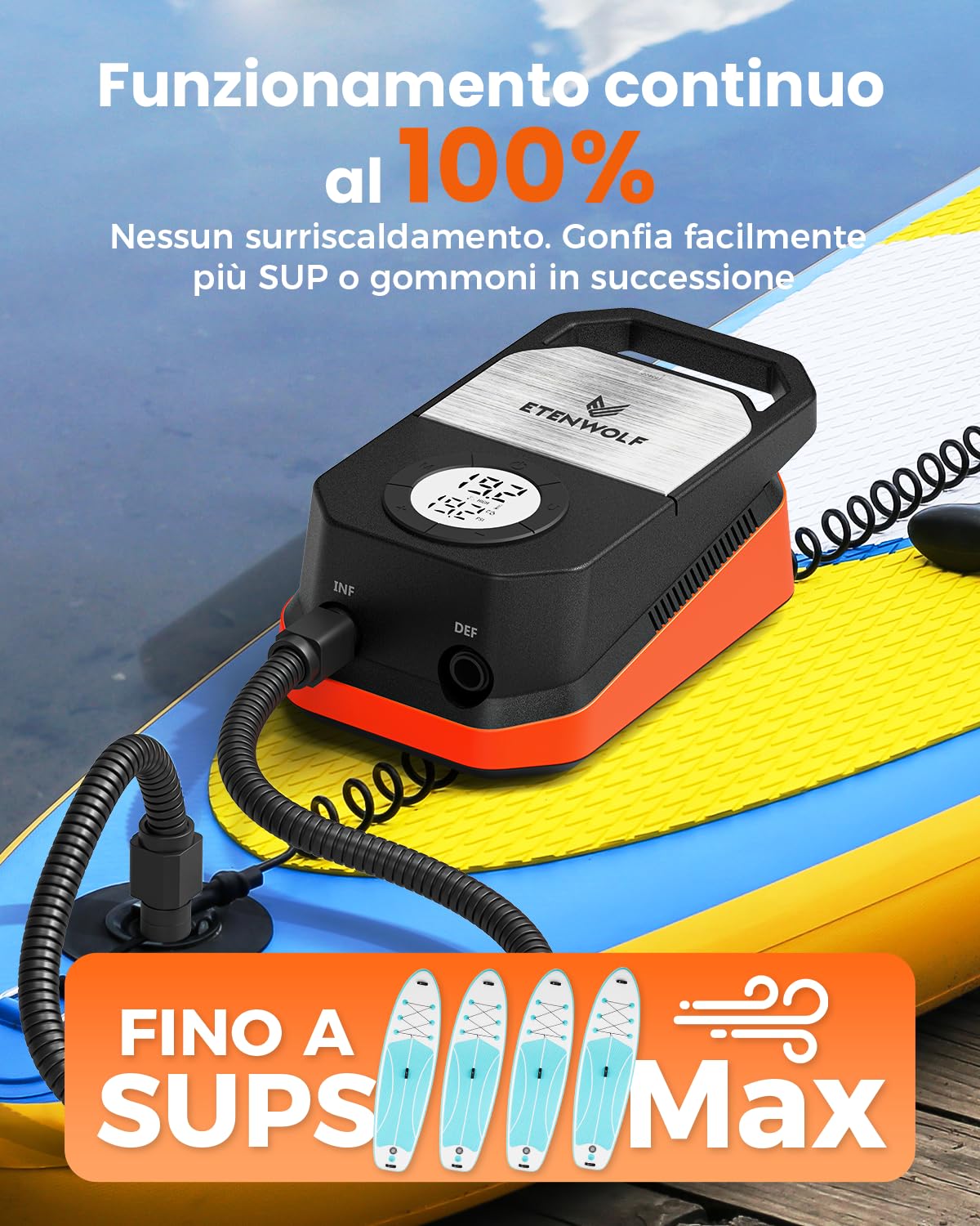 ETENWOLF Pompa ad aria S4 Paddle Board da 1,4 bar ad alta pressione 12 V DC con arresto automatico e deflazione, 4 pompe elettriche veloci per barche di stand up paddle board, kayak, materasso ad aria