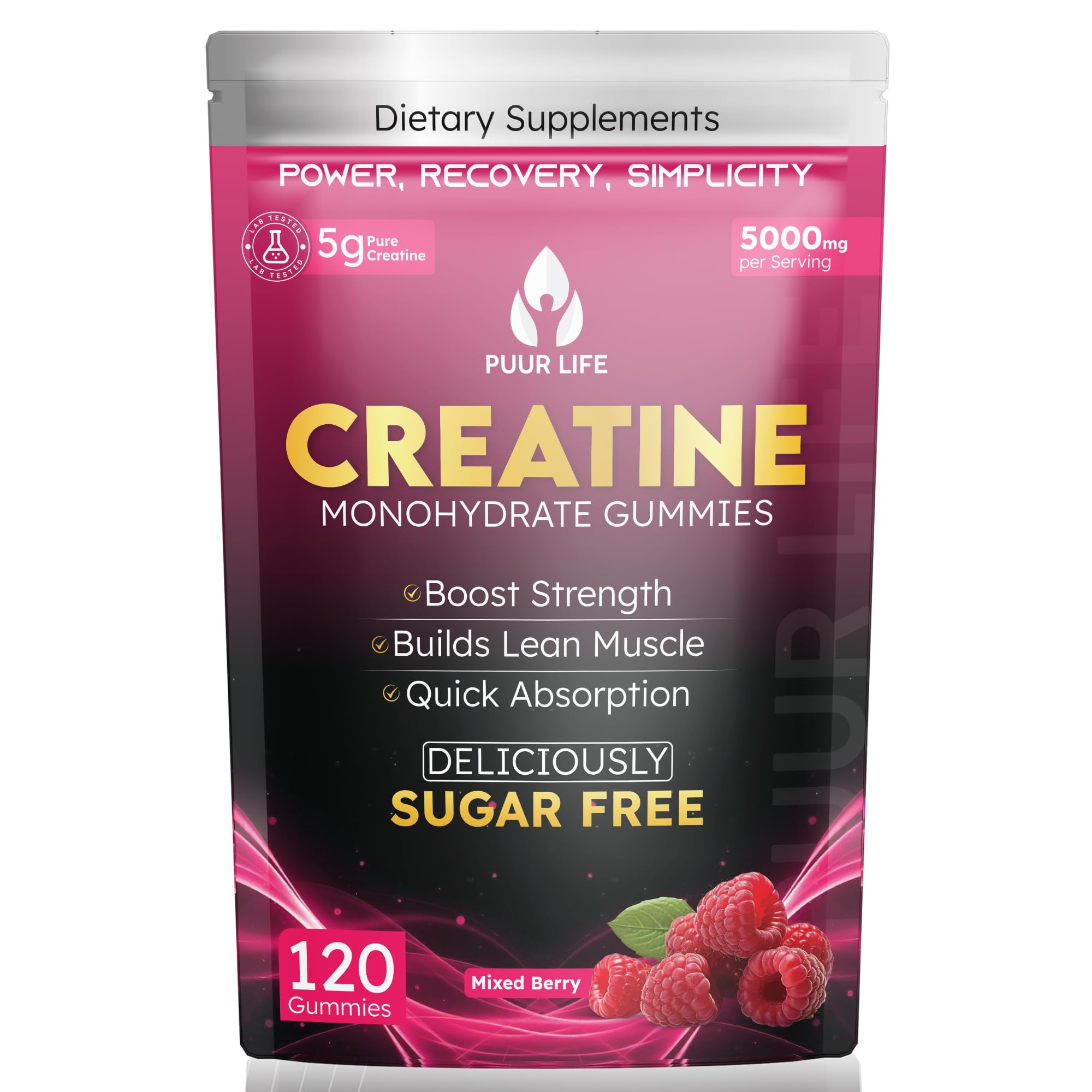 Creatine Monohydrate Gummies 5000mg – 5g per Serving – Sugar Free Vegan Creatine Supplement for Men &amp; Women – Muscle Growth, Strength, Recovery &amp; Energy – 120 Count, Mixed Berry Flavor