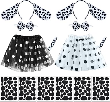 Coopay 14 Pieces Dalmatian Costume Set Spotted Dog Ear Headband, Bow Tie, Tail, Tutu Skirt and Adhesive Felt Stickers Accessories for Halloween Cosplay Costume Dress Up Party Decoration