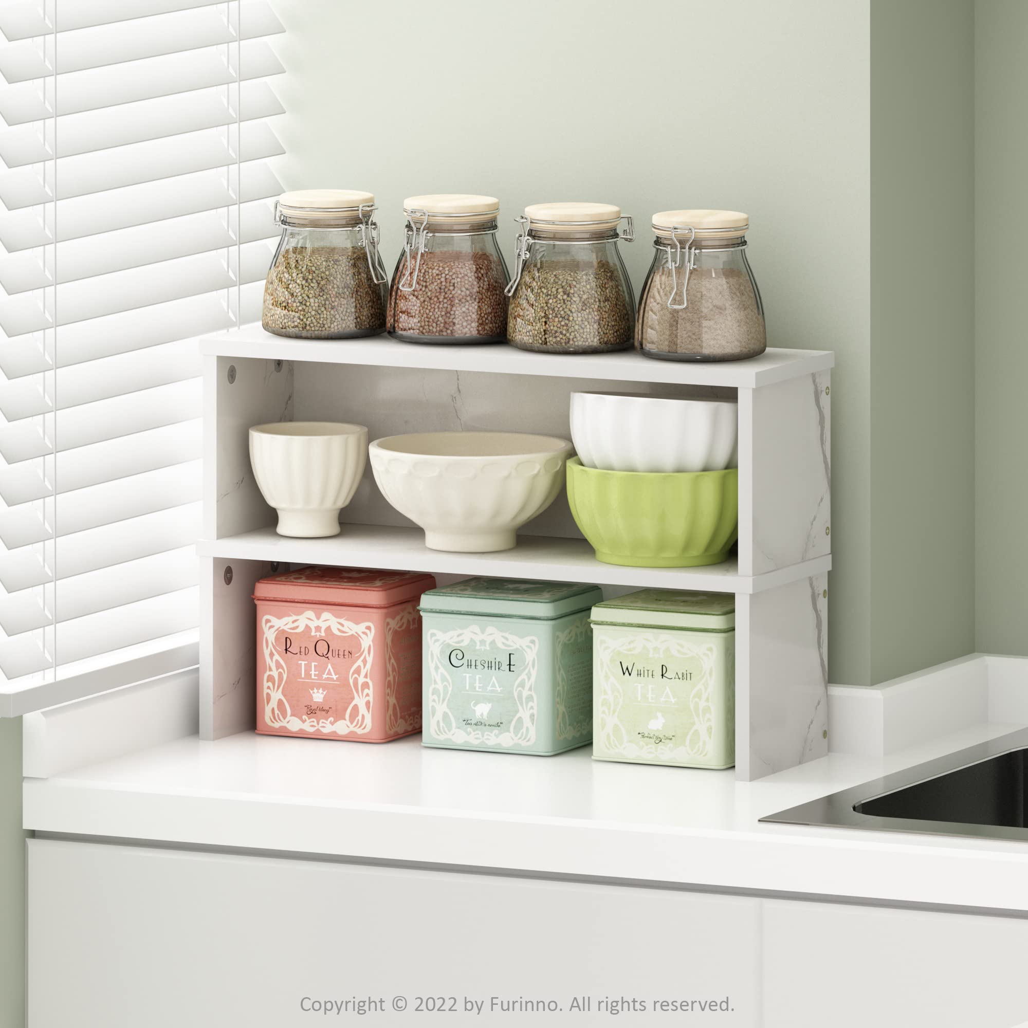 Furinno Helena 18-Inch Kitchen Counter Stackable Organizer Shelf, Marble White, Set of 2