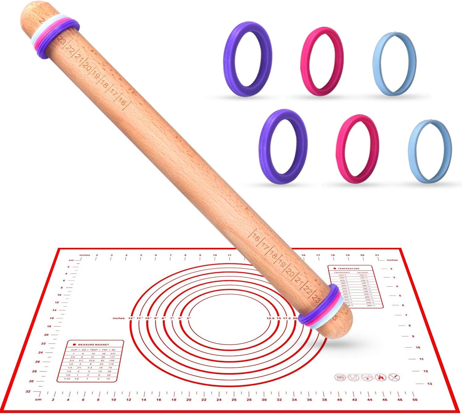 Rolling Pin With Thickness Rings And Silicone Baking Mat Set,K KERNOWO 16’’x1.4’’ Adjustable Wood Rolling Pins ,Dough Roller and Pastry Mat Kits for Baking, Fondant,Pizza, Cake Pie,Cookie