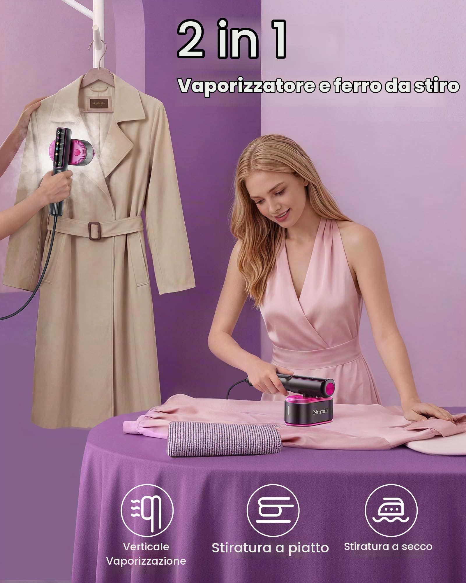 Vaporizzatore da viaggio per vestiti, 110-240 V a doppia tensione, 1200 W di calore veloce in 15 secondi, vapore portatile per indumenti e ferro 2 in 1 con serbatoio da 140 ml e 5 impostazioni