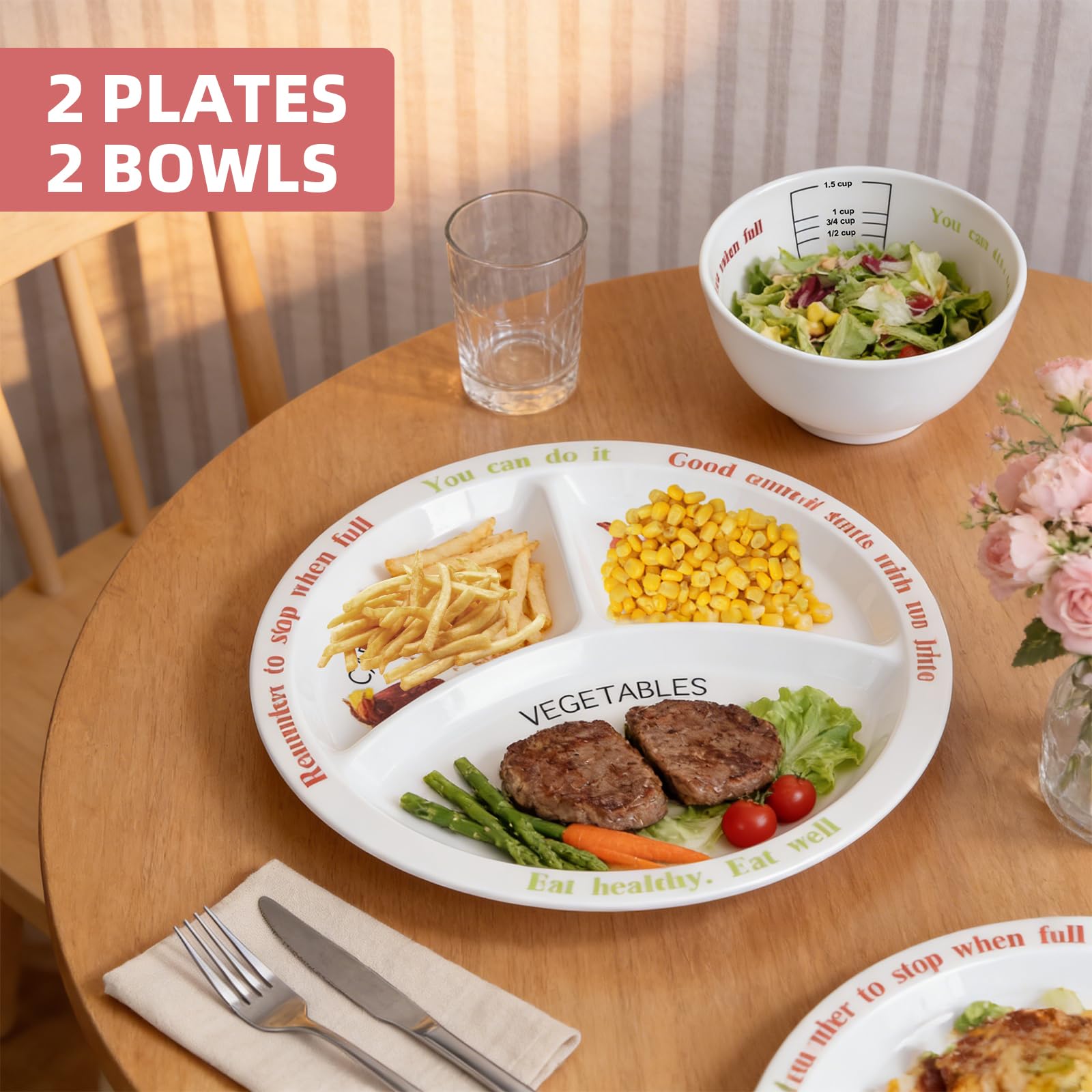 Lot de 4 assiettes de contrôle des portions pour une alimentation équilibrée – Assiette de nutrition saine pour adultes et adolescents – Séparateurs en mélamine, parfaits pour une alimentation