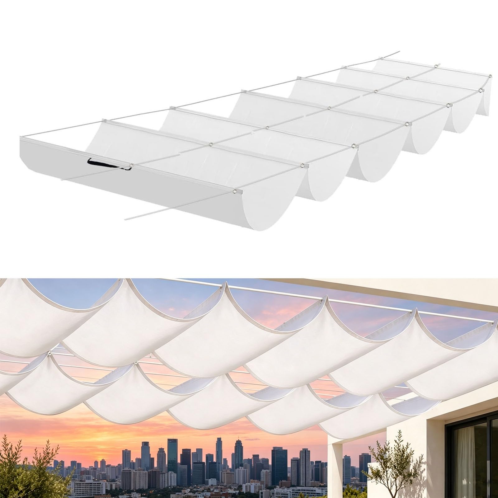 Toile pergola vague 1.7x7m blanche imperméable avec protection UV 98% pour patio