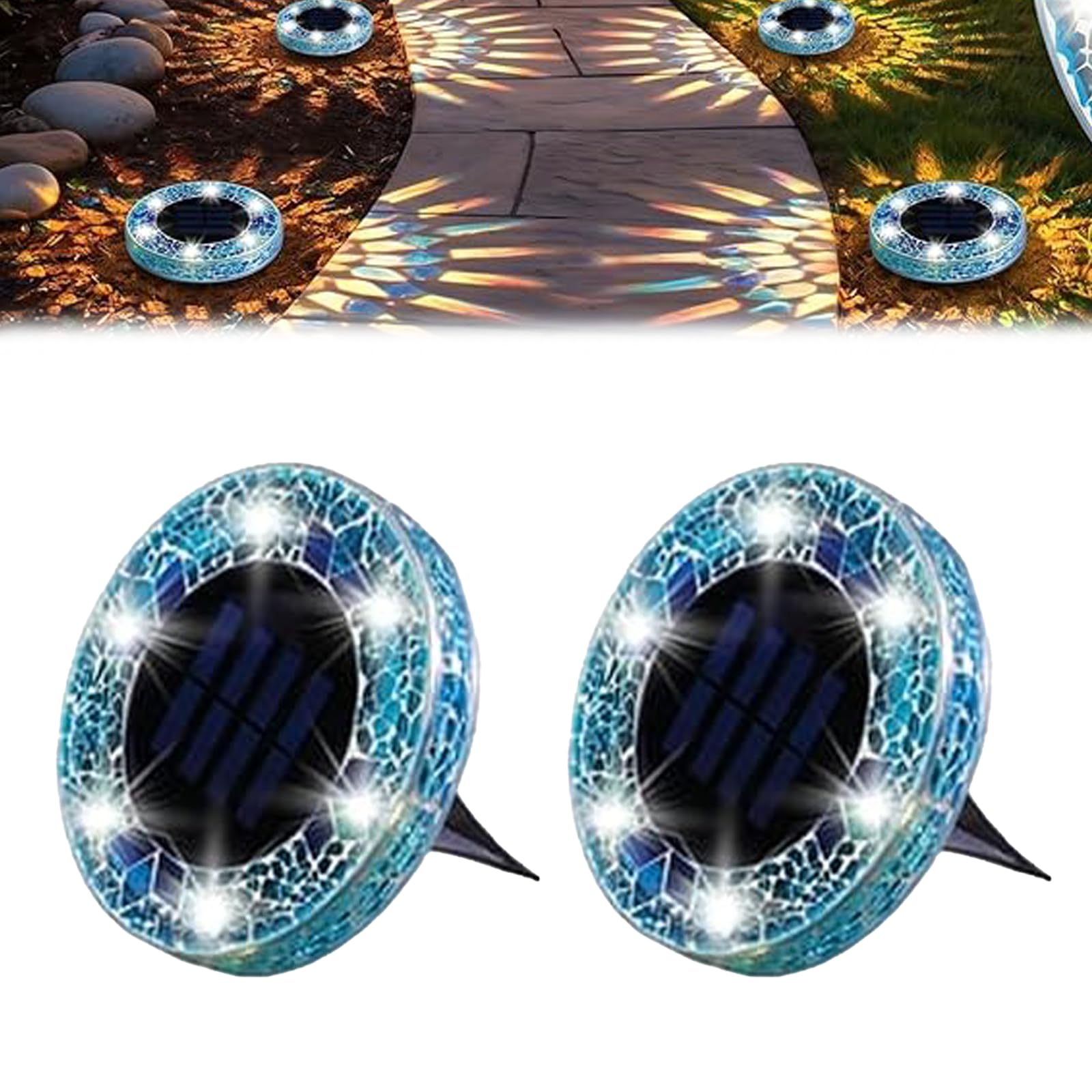 Miepkvl Mosaic Solar Disk Light, Solar Ground Disk Lights, Waterproof Garden Flat Solar Floor Light, Mosaic LED Garden Stake Lighting Auto On/Off for Walkway, Patio & Lawn (Blue,2PC)