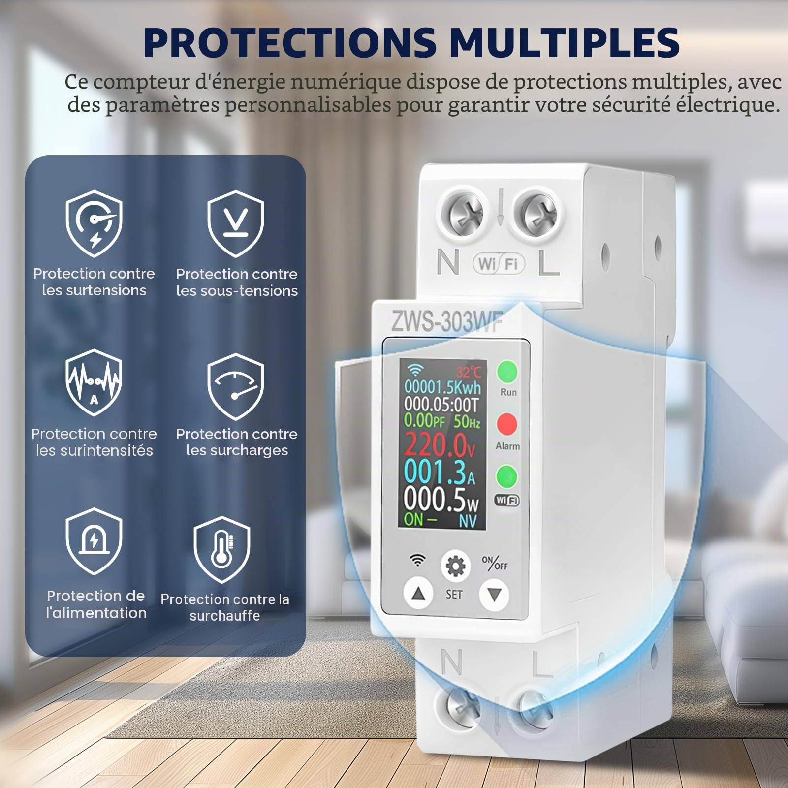 Compteur electrique connecté 63A TUYA compteur électrique wifi Intelligent compteurs d'énergie monophasé AC80-300V avec Protection contre les fuites de surcharge de surintensité ZWS-303WF