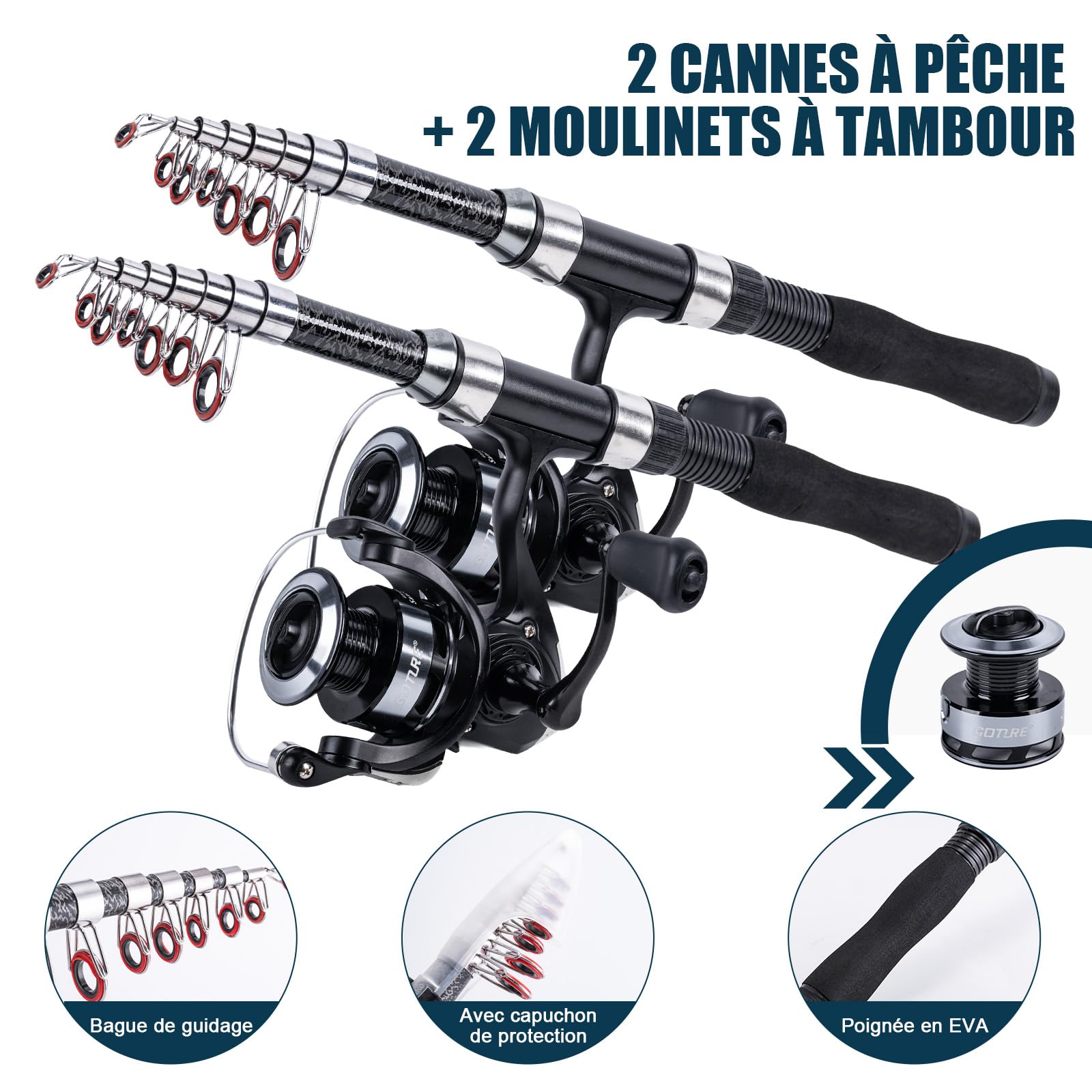 Goture Ensemble de Pêche avec 2 Canne à Pêche Télescopique, Ensemble Complet de d'outils de Pêche et d'appâts avec 2 Moulinet de Pêche 5,2:1 et Sac de Transport - pour la Pêche en Eau salée/Eau Douce