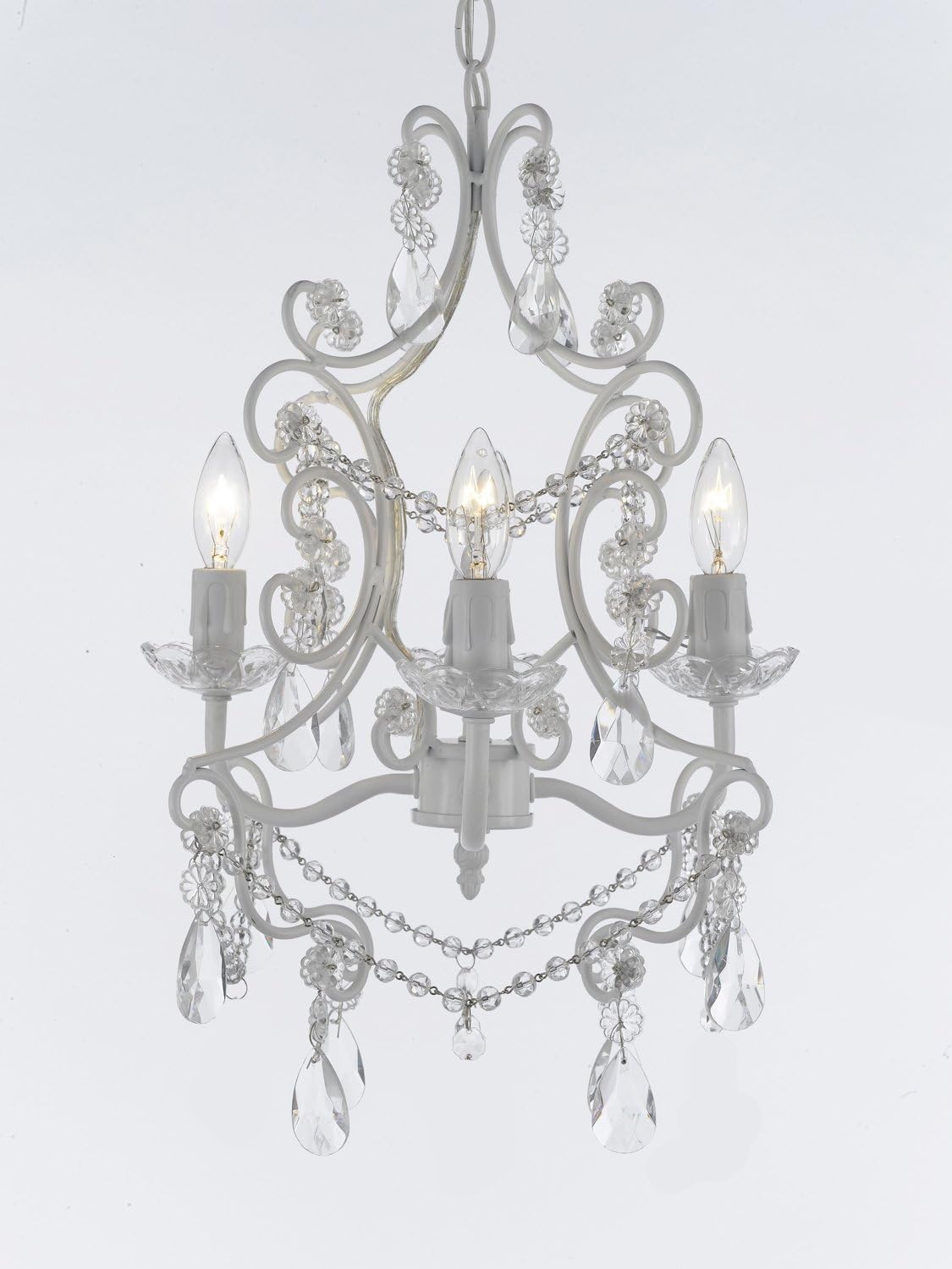 Wrought Iron and Crystal 4 Light White Chandelier Pendant Lighting Fixture Ceiling Lamp Hardwire and Plug In