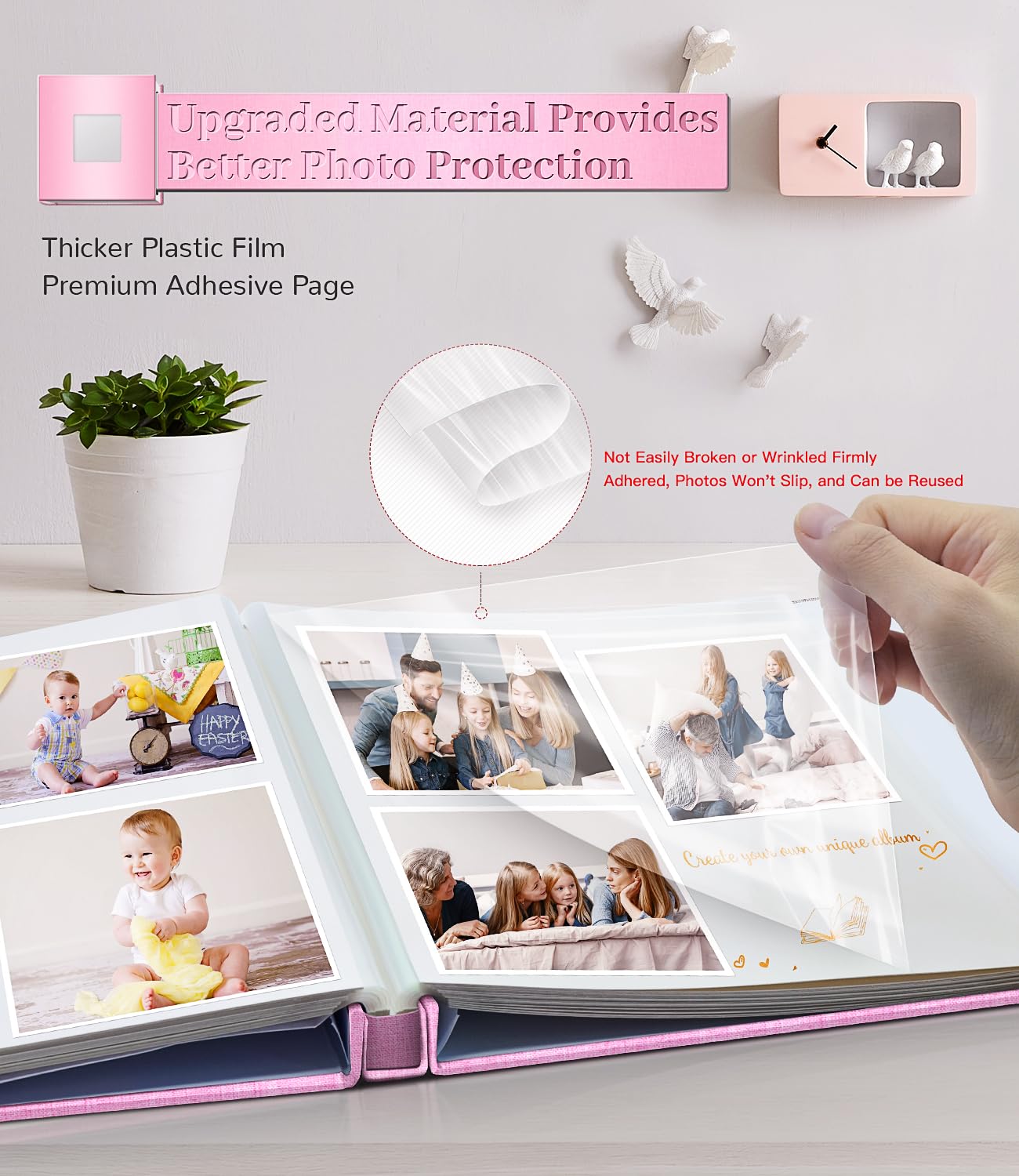 Artfeel Photo Album Self Adhesive Scrapbook Album for 3x5 4x6 5x7 8x10 Pictures,60 Pages Linen Cover with Display Window DIY Photo Book,Ideal Gifts for Family Travel Wedding Baby: 11.5"x10.5"40Pages Pink