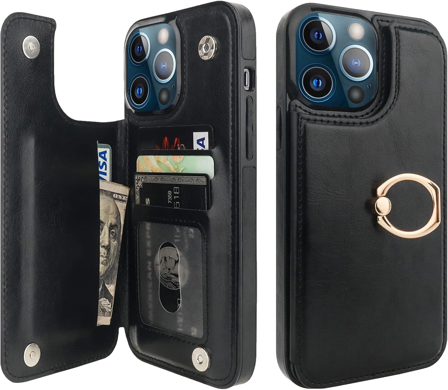 ONETOP for iPhone 13 Pro Max Wallet Case with Card Holder, 360° Rotation Ring Kickstand RFID Blocking PU Leather Double Magnetic Clasp Shockproof Cover for Women and Girls 6.7 Inch (Black)