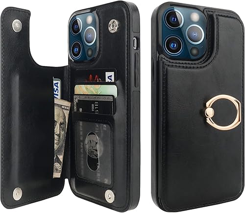 ONETOP Funda tipo cartera para iPhone 13 Pro Max con soporte para tarjetas, anillo de rotación de 360, función atril, bloqueo RFID, piel sintética,