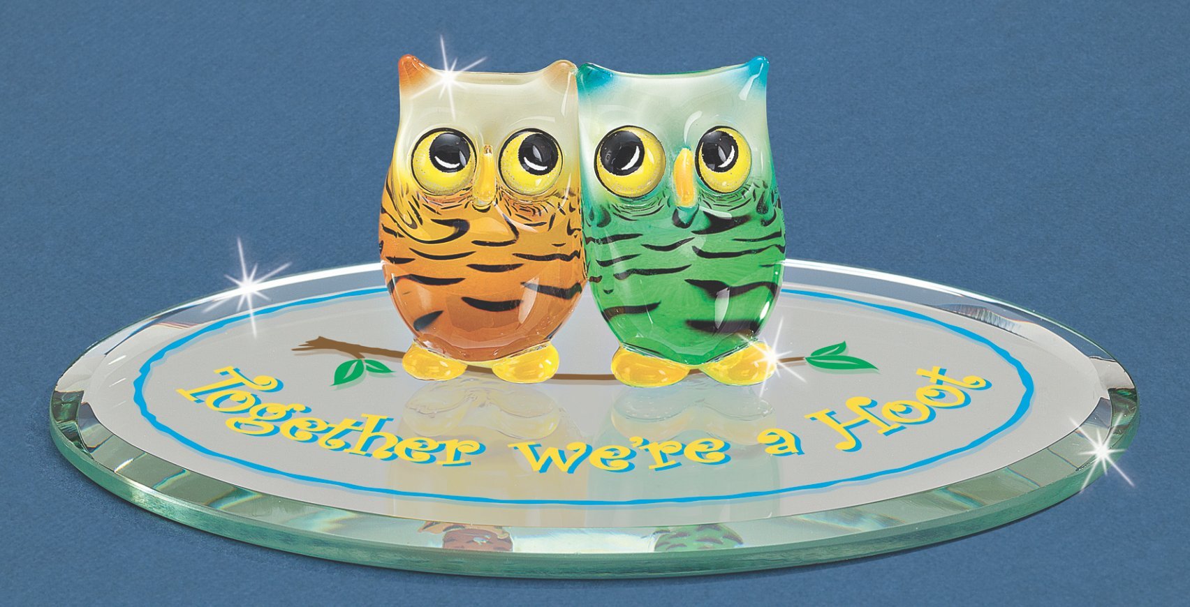 Chouettes Ensemble nous sommes A Hoot en verre sur une étagère de salon