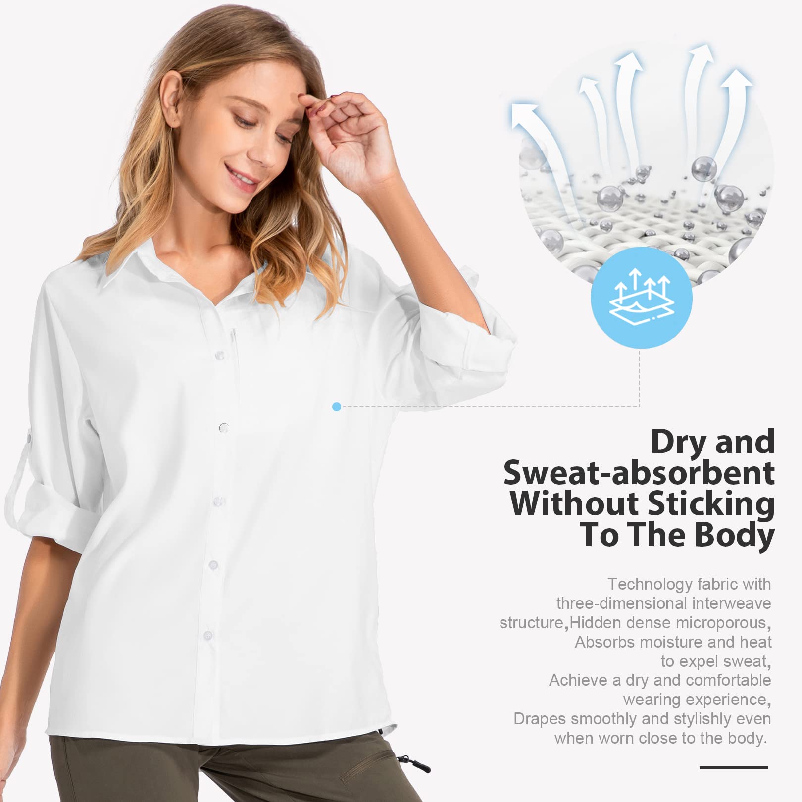 yeyity Blusa de manga larga para mujer, con protección UV, de secado rápido, para senderismo, safari, informal, con botones, para vacaciones en la playa, elegante blusa