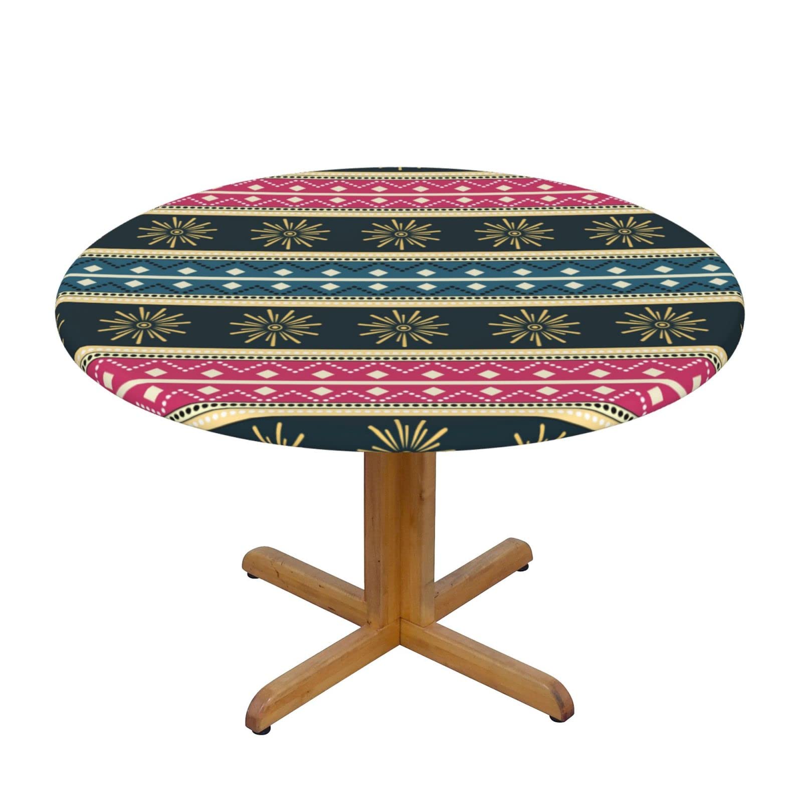 Lsjuee Round Fitted Tablecloth 40-44in Elastic Edged Table Cloth for Kitchen Dining Party Home Decor - Ethnic Geometric Floral Native Vintage