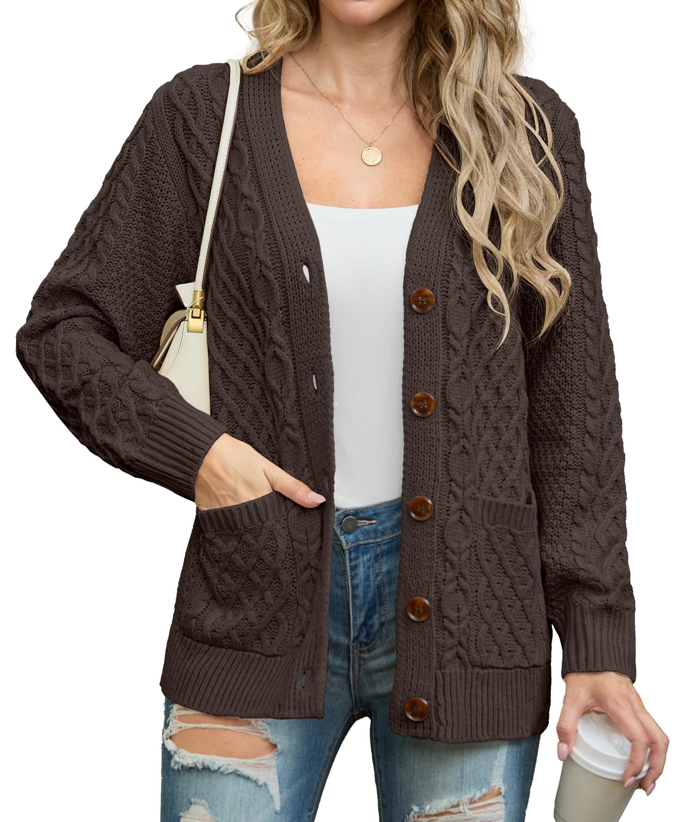 GRECERELLE Cardigan for Women Fall Sweaters Open Front Long Sleeve Chunky Cable Knit Button Down with Pockets