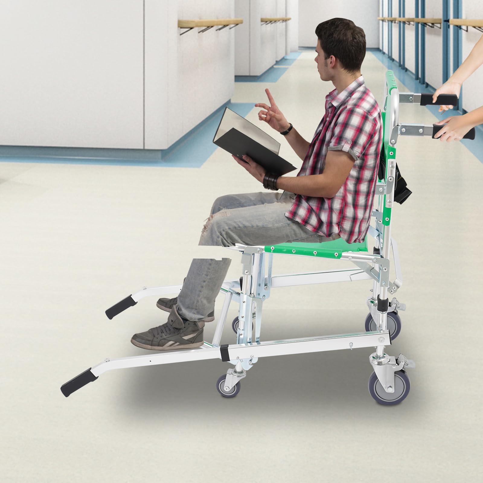 Sedia pieghevole per scale con cinture di sicurezza, sedia a rotelle portatile, con 4 ruote universali, portata massima 159 kg