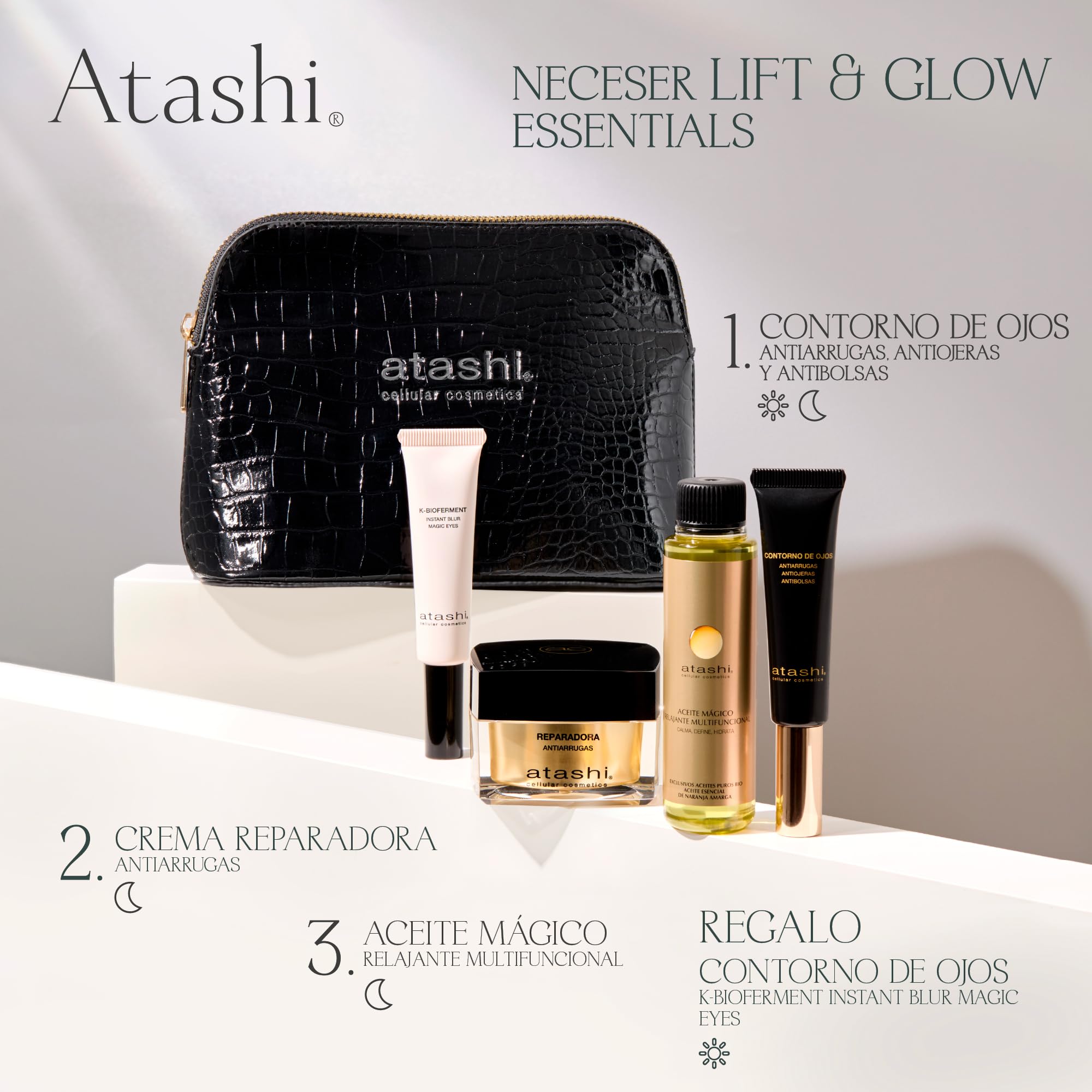 Atashi Lift & Glow Essentials | Przeciwzmarszczkowy kontur oczu + krem regenerujący + magiczny olejek do ciała + K‑Bioferment Magic Eyes, rozjaśniająca i ujędrniająca kosmetyczka