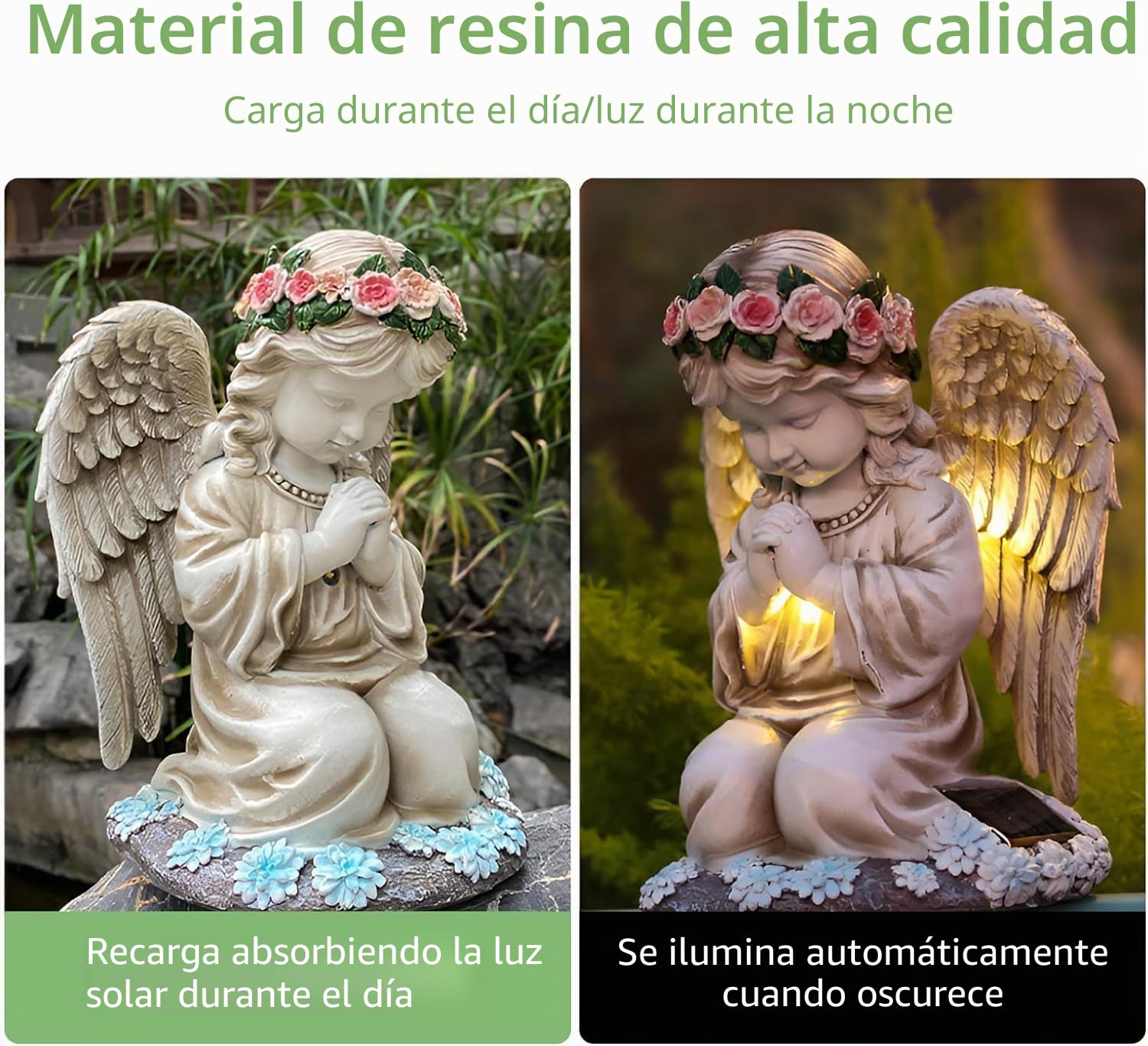 Figuras de jardín de Syfunlv: Ángel solar de resina blanca, decoración de jardín con luz solar, 20.5 cm x 15.5 cm x 14 cm