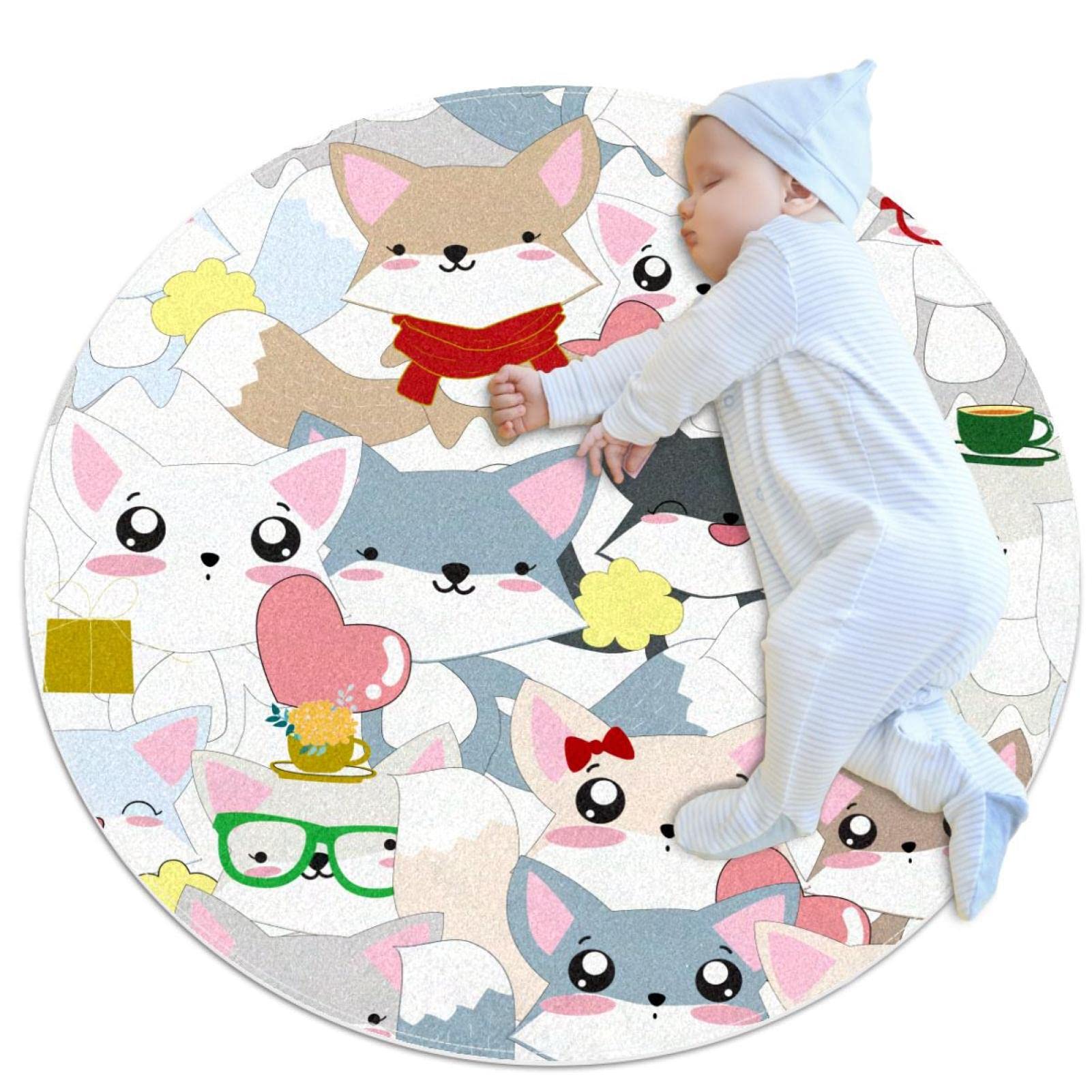 Tapis rond renards mignons JDEZ pour sol froid de chambre