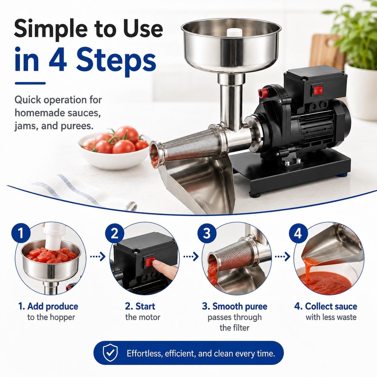 Machine À Sauce Tomate Commerciale 450 W, Moulin En Acier Inoxydable | Passoire et auge réglables, débit de 50 à 160 kg/h, for tomates, baies, pommes, citrouilles(Black)