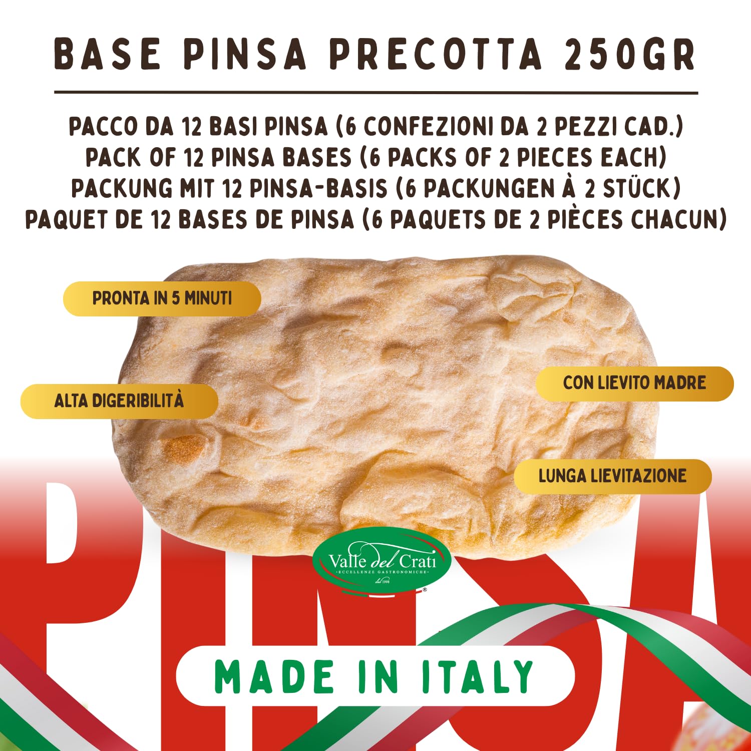 Pinsa Precocida Artesana 12 Bases | Pinsa Lista en 5 Minutos, Levadura Larga, Producto Italiano | Bases de pinsa de 250 gramos cada una