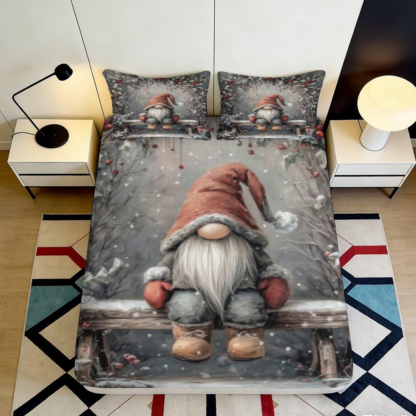 3D Printed Nordic Gnome Fitted Sheet Microfiber Soft Winter Forest Bed Cover for Bedroom Guest Room Decor 115 90x200x25cm