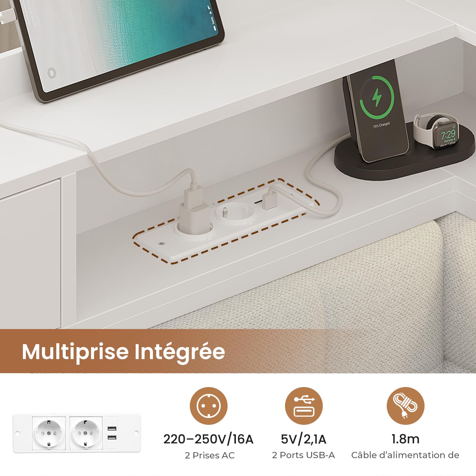AOGLLATI Canapé-lit 140x190 avec Multiprise et Éclairage LED Réglable, Canapé-lit Convertible Capitonné avec 6 Compartiments et 24 cm d’Espace sous Lit (Beige, 140x190cm)