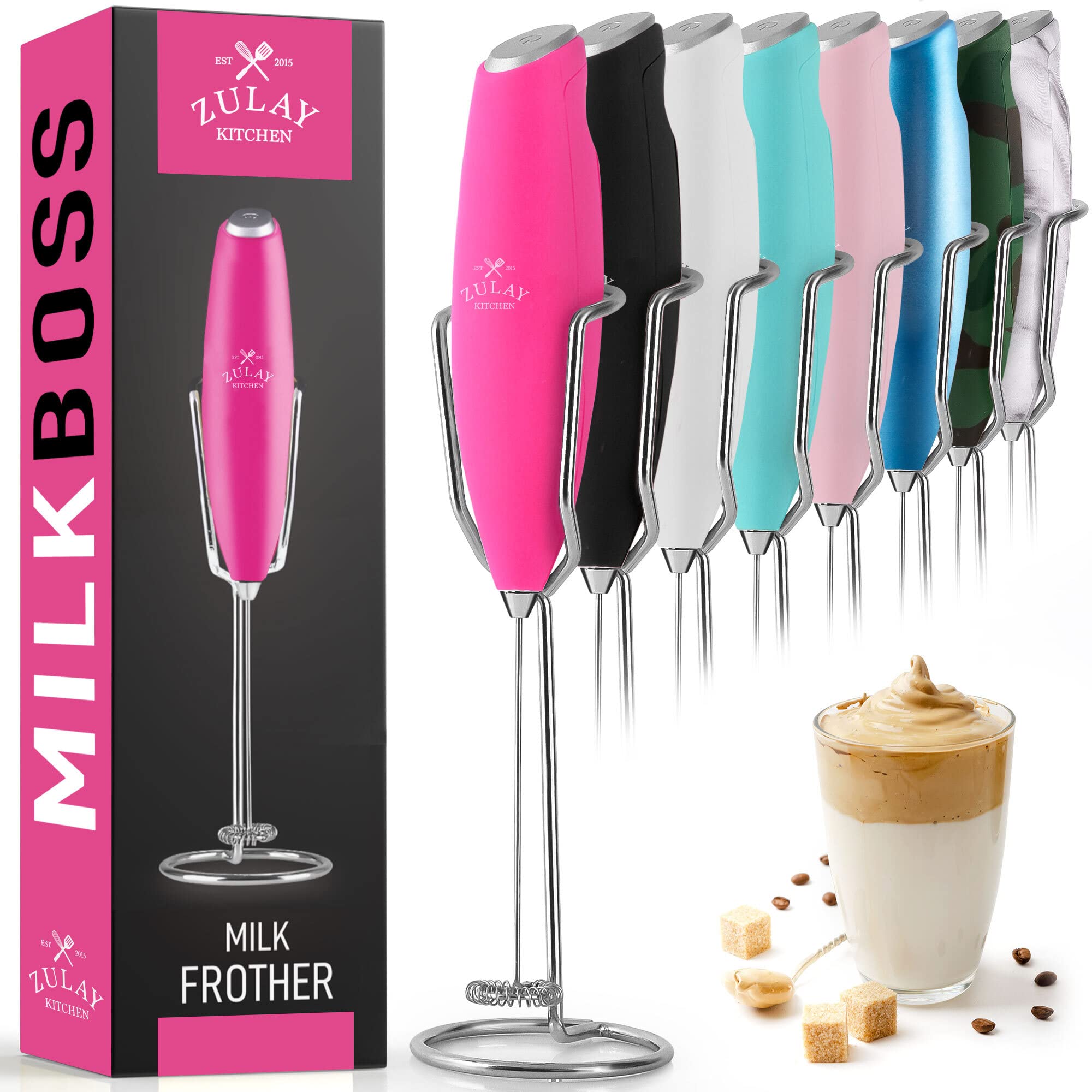 ULTRA HIGH SPEED MILK FROTHER For Coffee With UPGRADED STAND - Powerful, Compact Handheld Mixer with Infinite Uses - Super Instant Electric Foam Maker with Stainless Steel Whisk by Zulay (Dragonfruit)