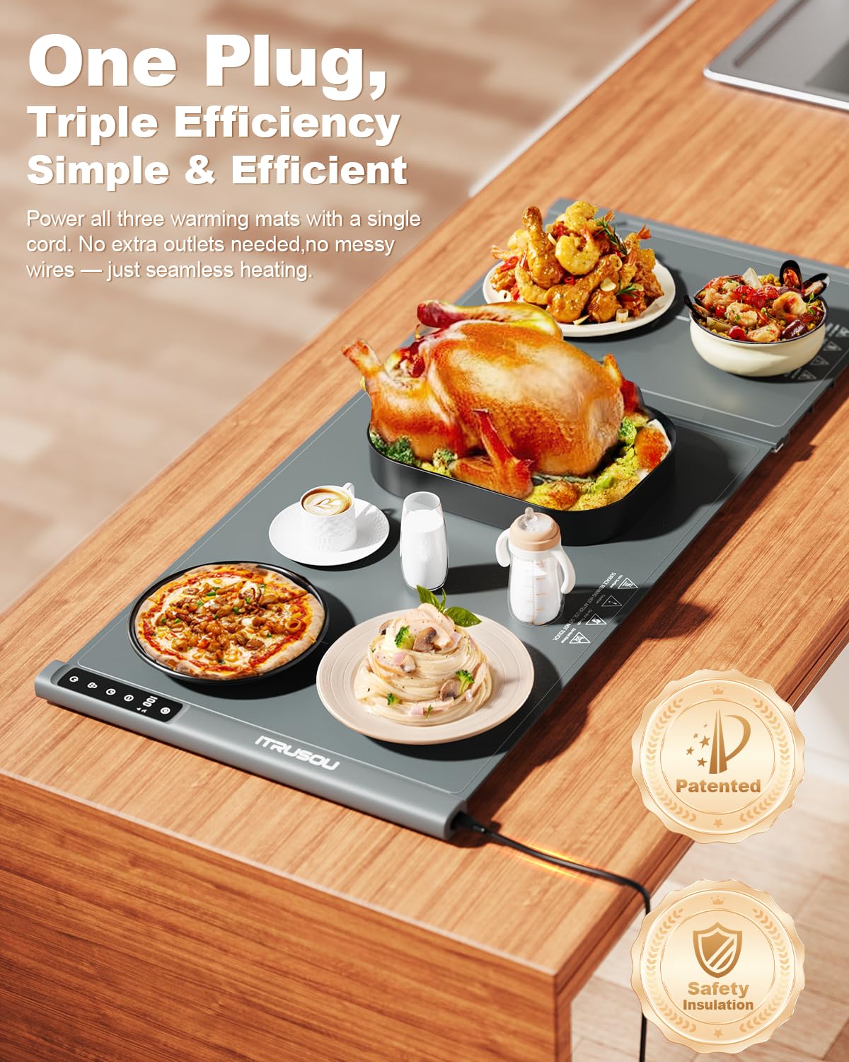 Expandable Warming Mat for Food – iTRUSOU 38"x16" Silicone Warming Tray with 7 Temp Settings, Switchable℃/℉, 99H Timer, Child Lock – 2 Panels Custom Sizes for Energy Efficiency — Amazon image 4