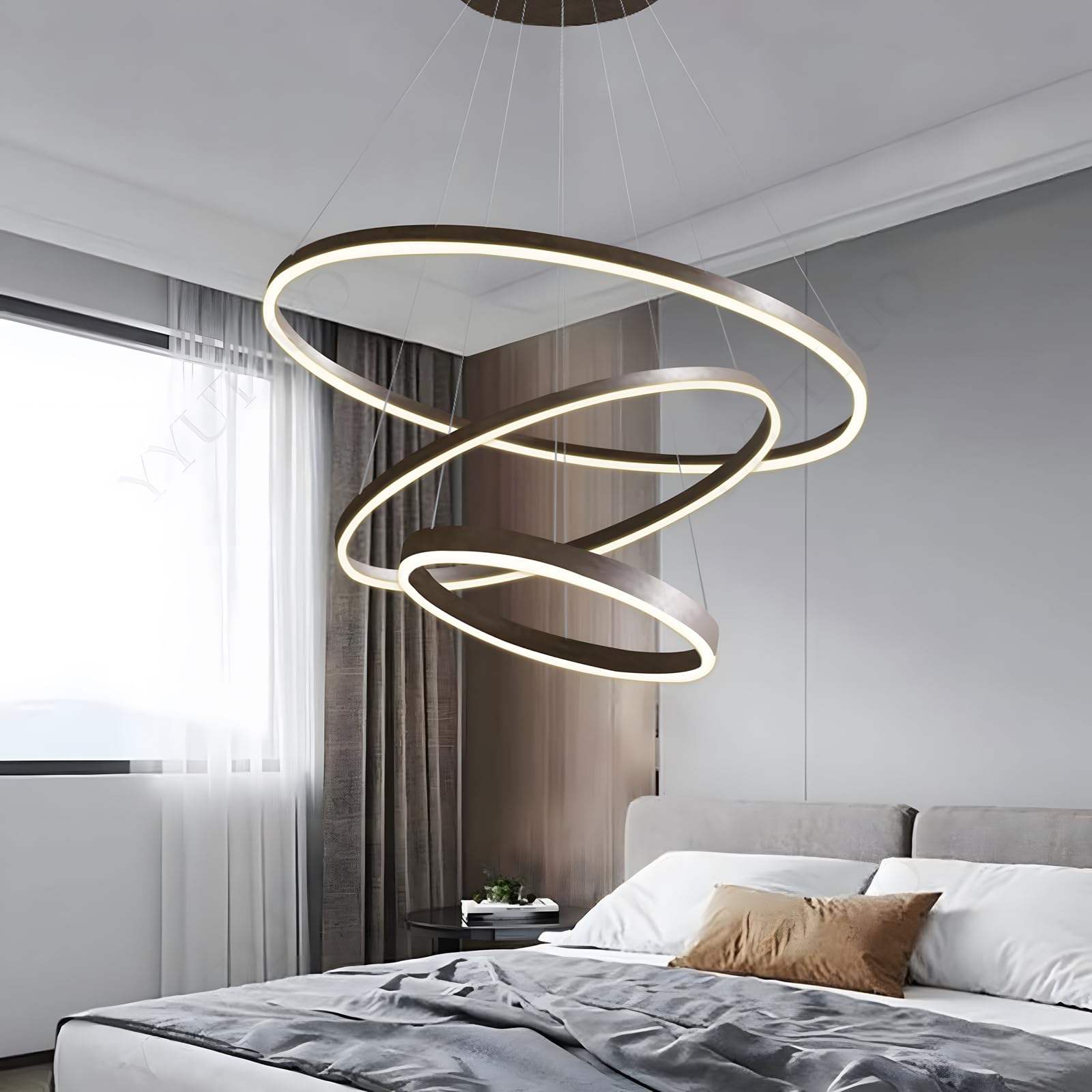 Nowoczesny Okrągły Żyrandol Led DIY | 3 Brązowy Pierścienie, ∅40+60+80cm=90W，H200cm Wysokość Nastawny, Metalowy + Akrylowy, Ściemniany Pilotem Okrągła Lampa Wisząca Sufitowa, Salon Sypialnia