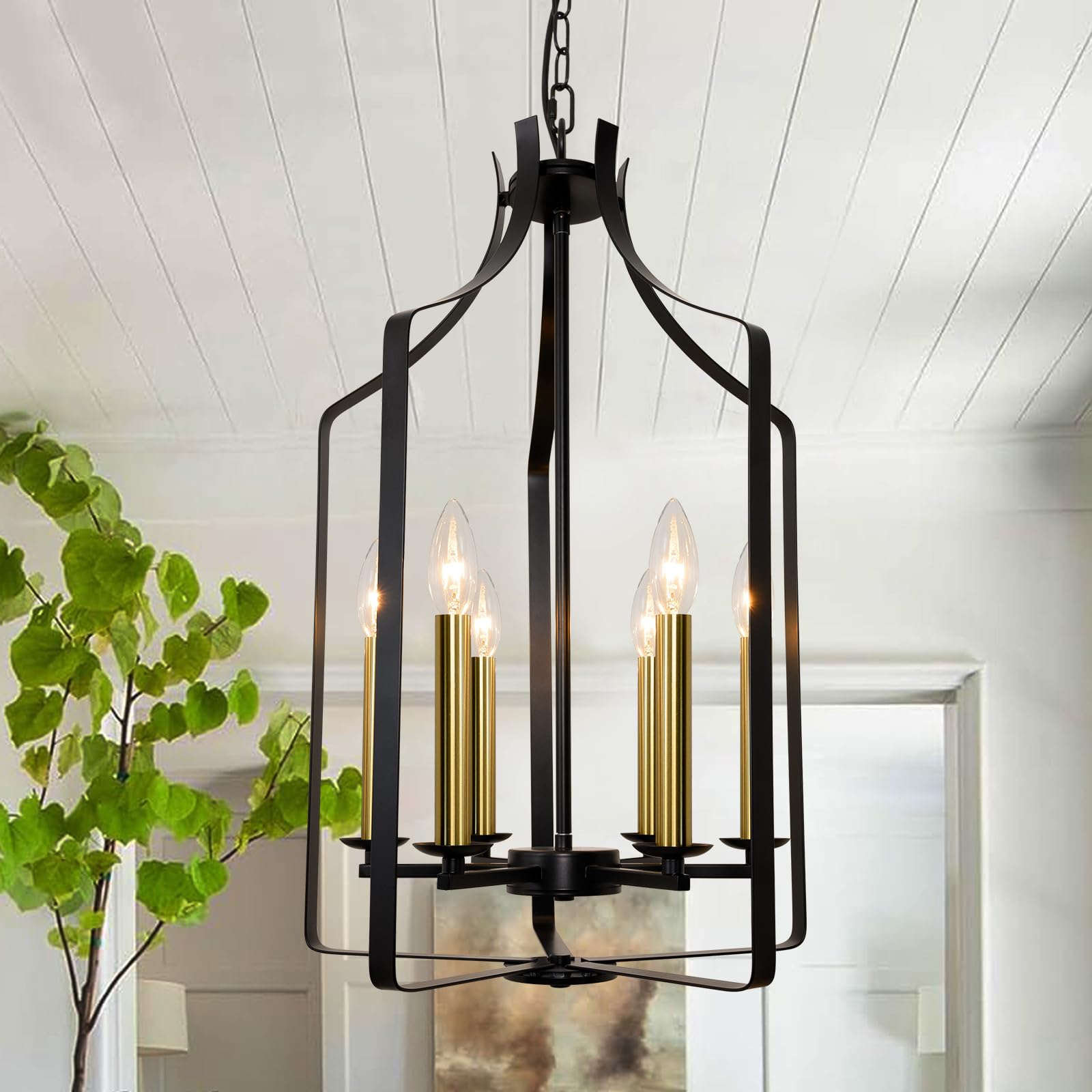 Rviezza Modern Ceiling Lights Black and Gold Candelier, Geometric Metal 6 Light Ceiling Pendant Light Fittings, Industrial Ceiling Lights Black Gold (E14 Dimmable Sockets, Bulbs Not Incl