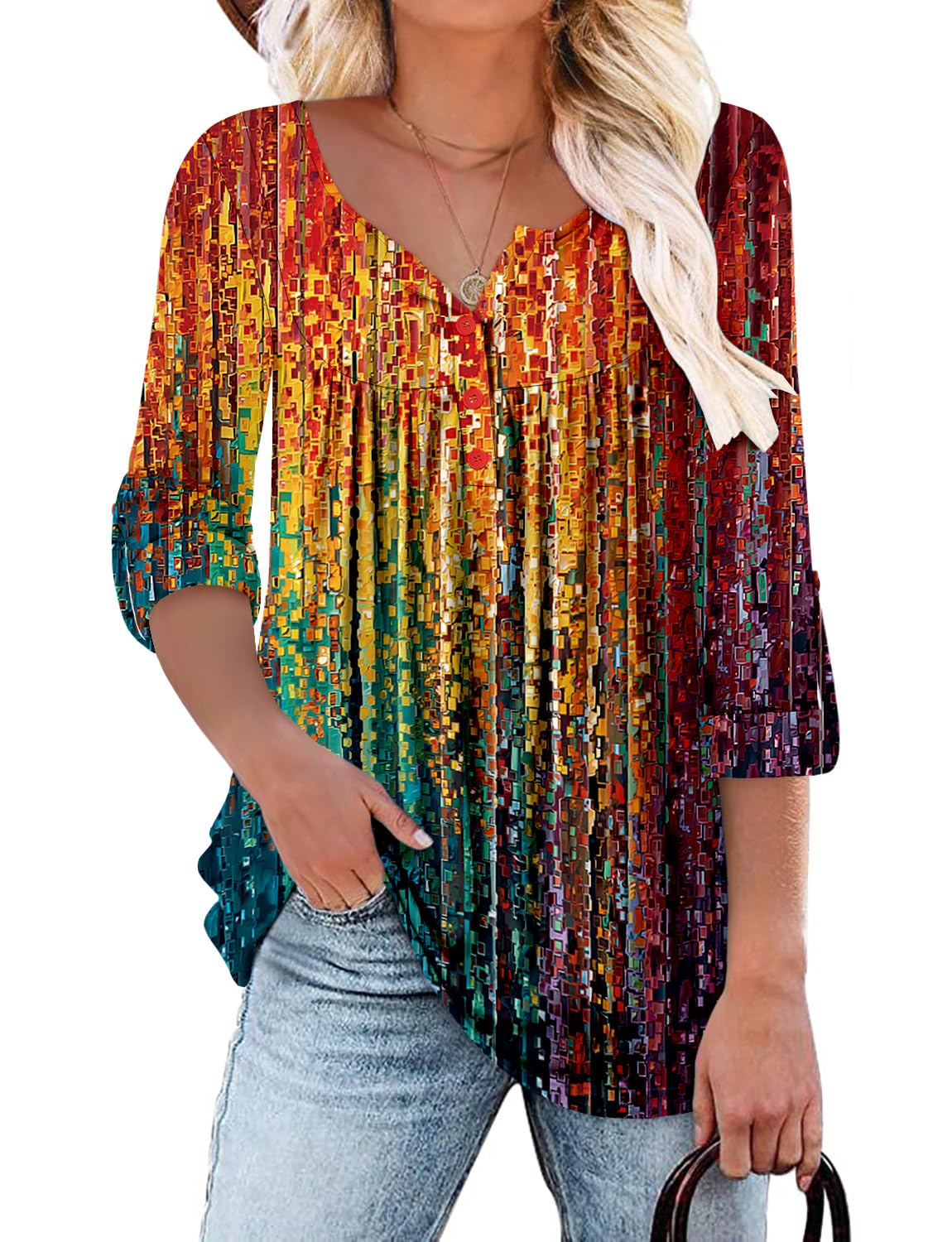 KISSMODA Ladies Pleated Tunic Tops for Women Buttons up Long Sleeve Shirts Floral Print — view 15