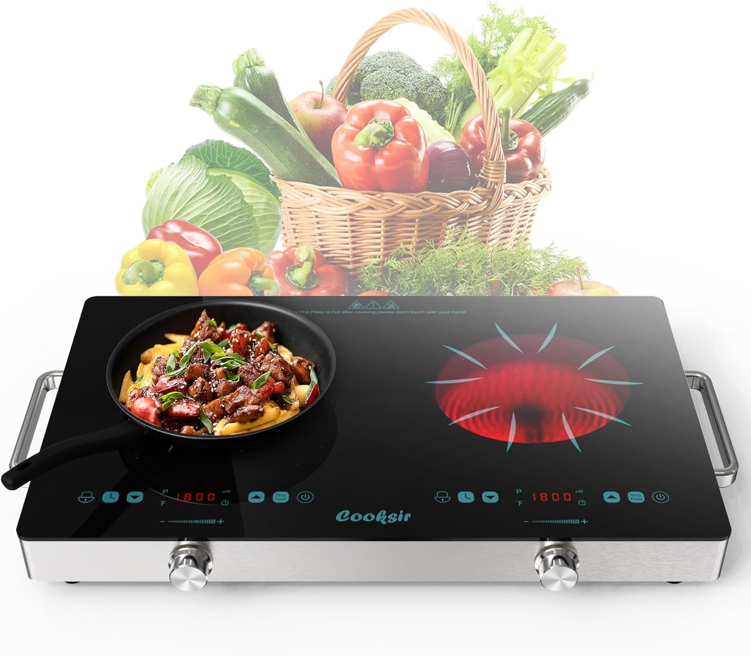2 Burner Electric Cooktop - 24 Inch Portable Electric Stovetop 110V, 2000W Countertop Tow Burner Ceramic Cooktop with LCD Control Panel, Child Lock, Timer, Knob Control with Plug (Green) 2 Burner 24 Inch Green