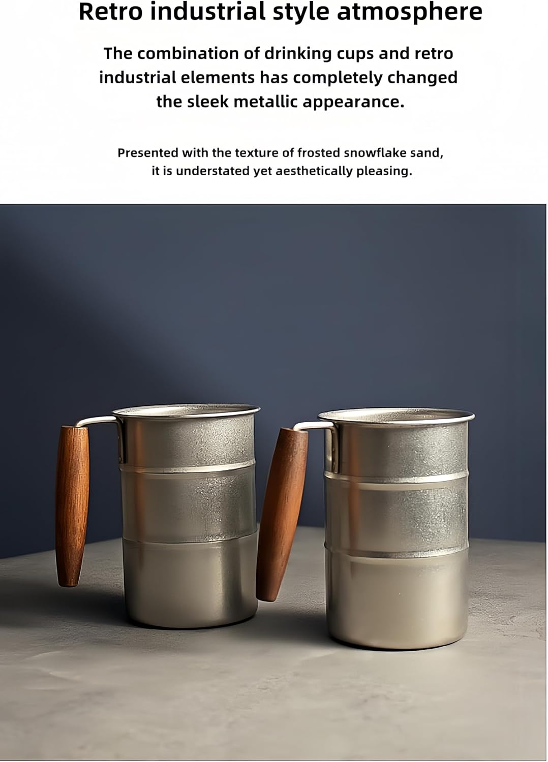 Retro wooden-handle stainless steel camping cup - 304 stainless steel material - 350 ml capacity. Height: 10 cm, width (with handle): 10 cm, width (without handle): 7.5 cm.