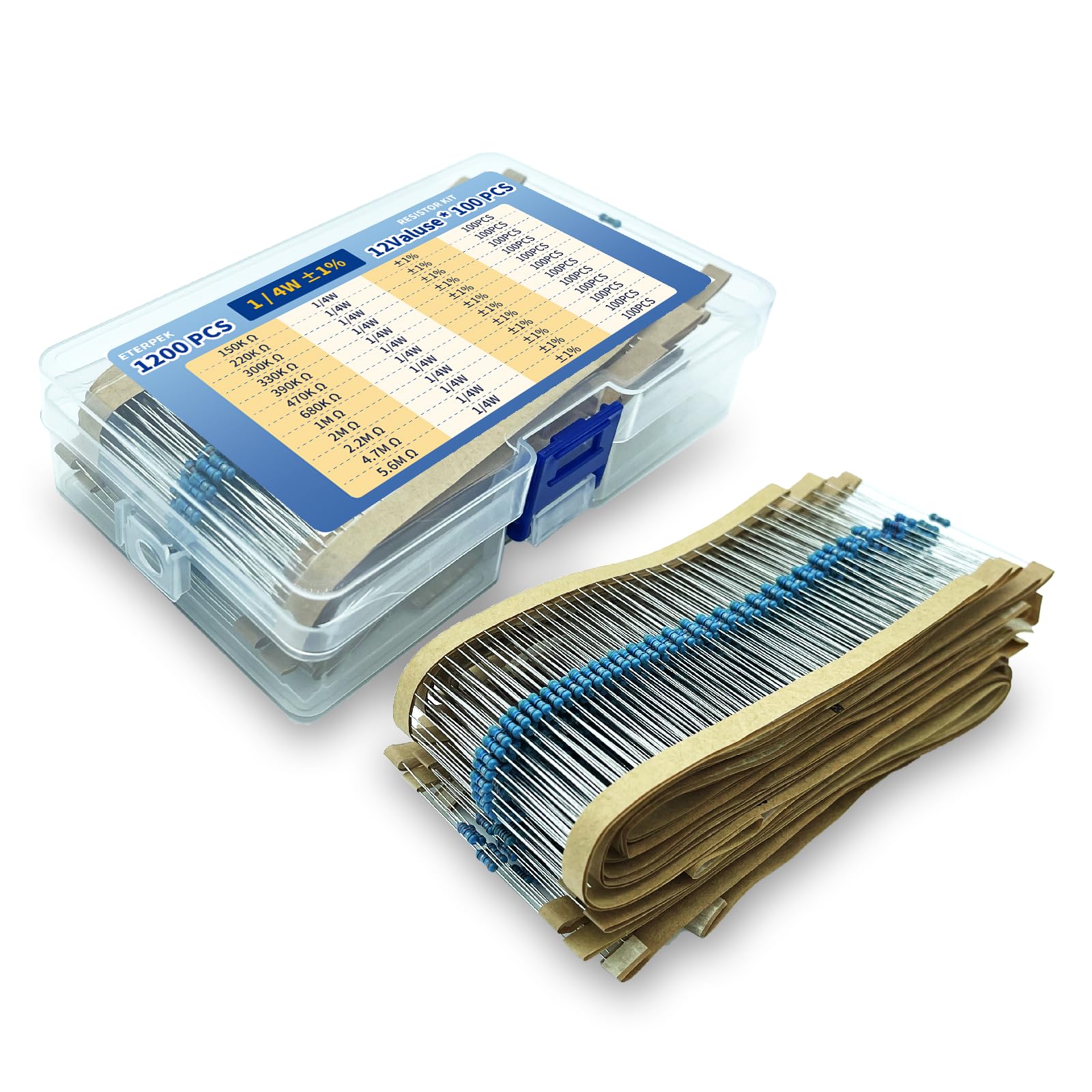 12 Values 1/4W Resistors Kit from 150K Ohm to 5.6M Ohm 1/4 Watt 1% Carbon Film Resistors Assortment 1200PCS