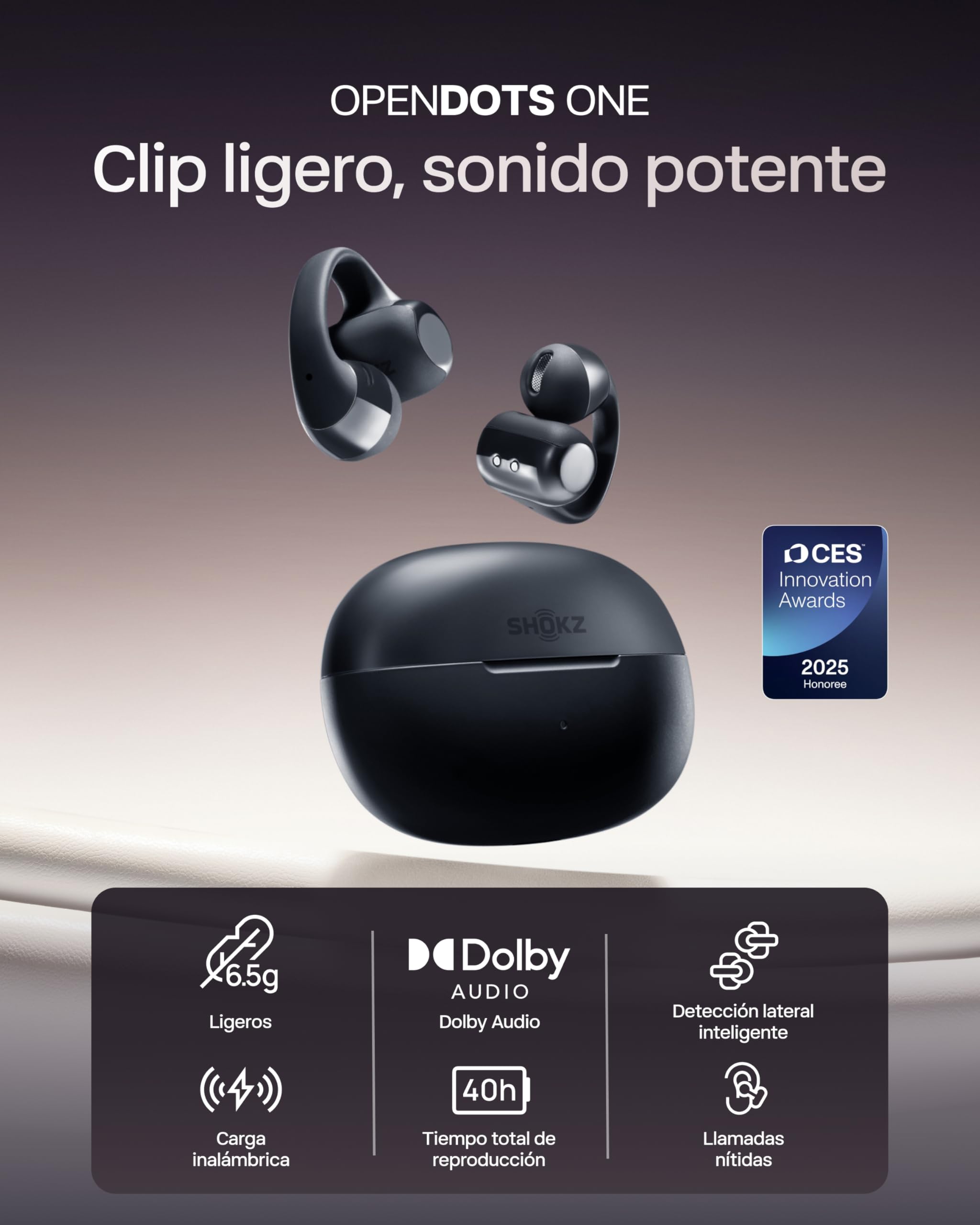 SHOKZ OpenDots One Auriculares Open-Ear Clip-on, Bluetooth 5.4, 6,5g, Negro | Dolby Audio Premium|4 Mics. con Cancelación Ruido|Ligeros 6,5g|40H de Batería|con Paño de Limpieza|Deportivos|Oído Abierto