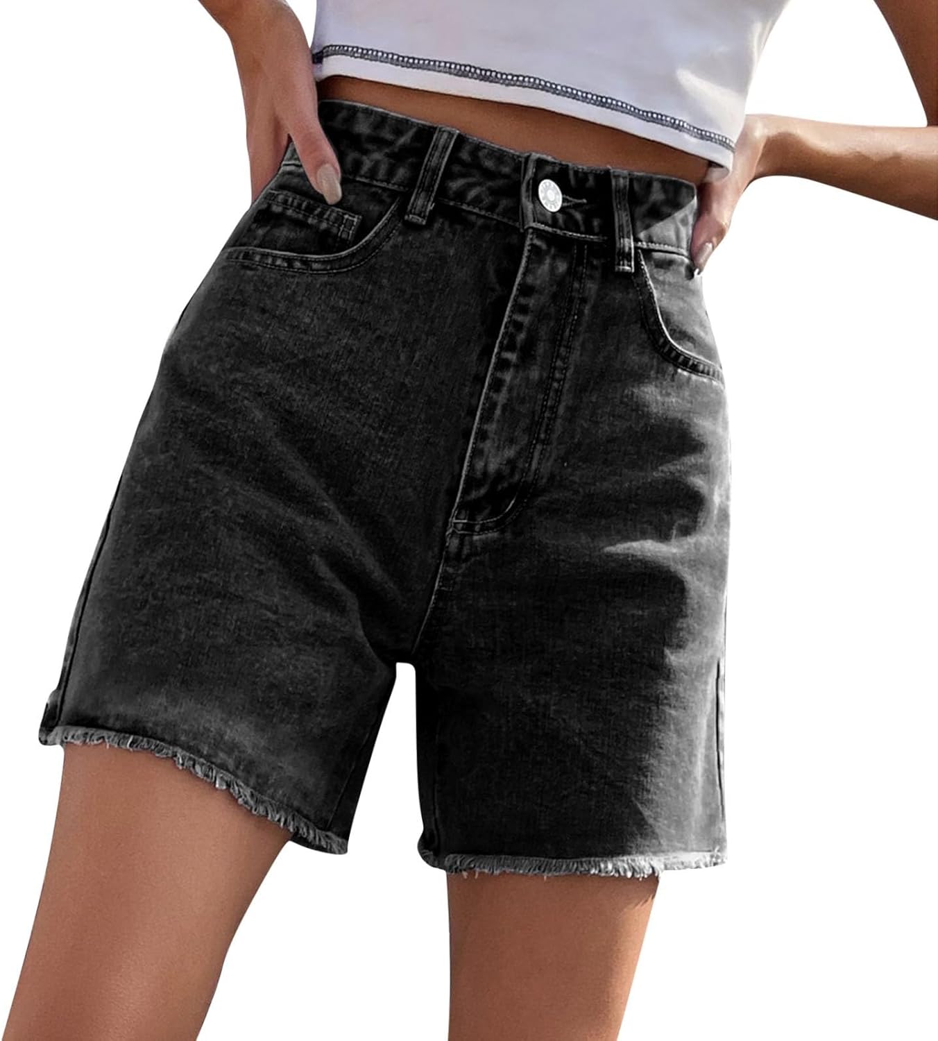 Women's Jeans Shorts High Waisted Casual Stretchy Loose Straight Leg Raw Hem Comfy Lounge Denim Shorts
