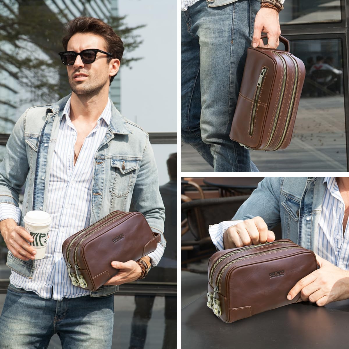 RC ROCKCOW Bolsa de aseo con cerradura codificada, para hombre, de piel auténtica, kit de afeitado, antirrobo, cartera de negocios, organizador de bolso de mano, Café, Cerradura codificada