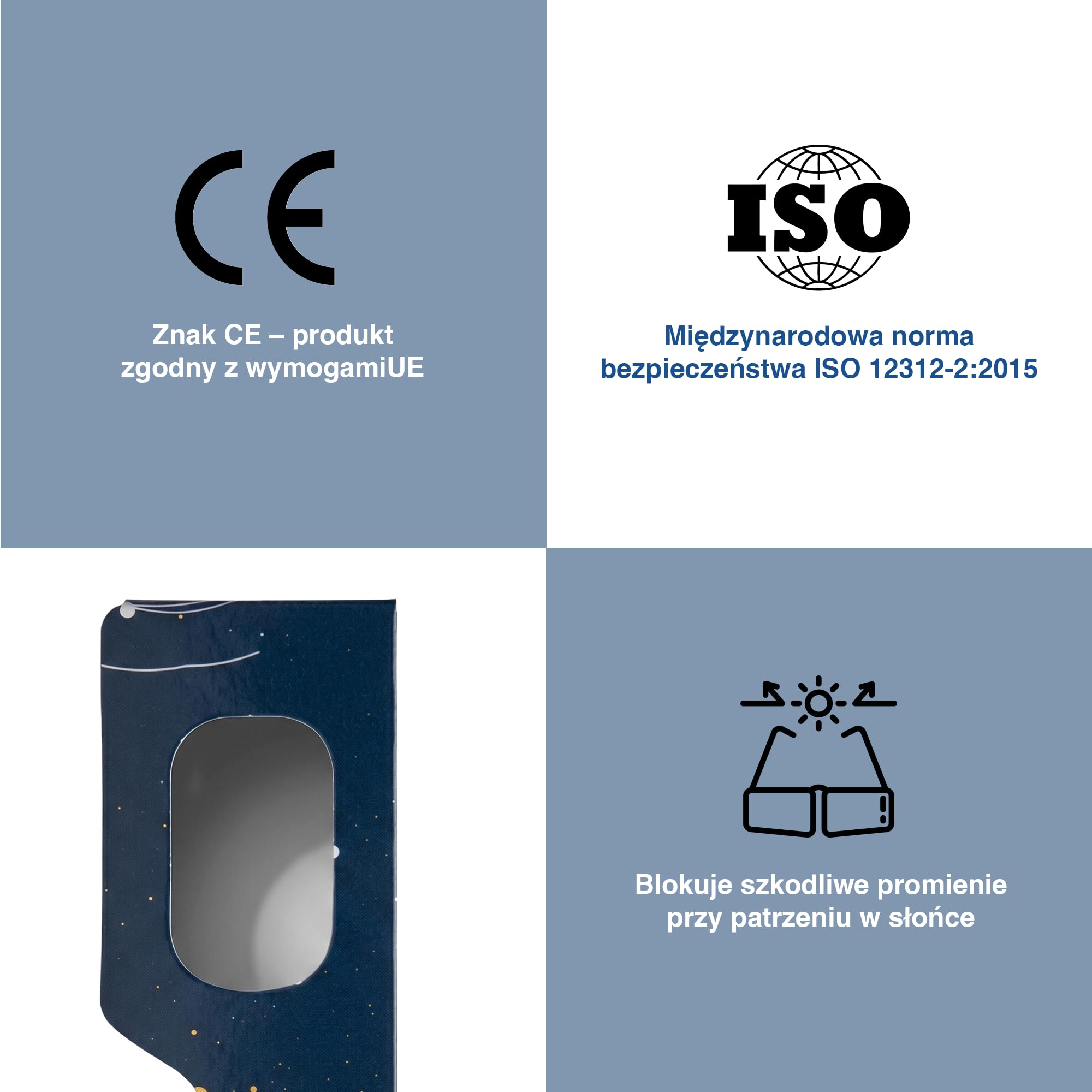 Zestaw 2/6/12/50 szt., Okulary do obserwacji zaćmienia Słońca, Oprawka 45 mm, Pasują na okulary korekcyjne, Test EN ISO 12312-2:2015, Oznaczenie CE do bezpiecznej obserwacji Słońca