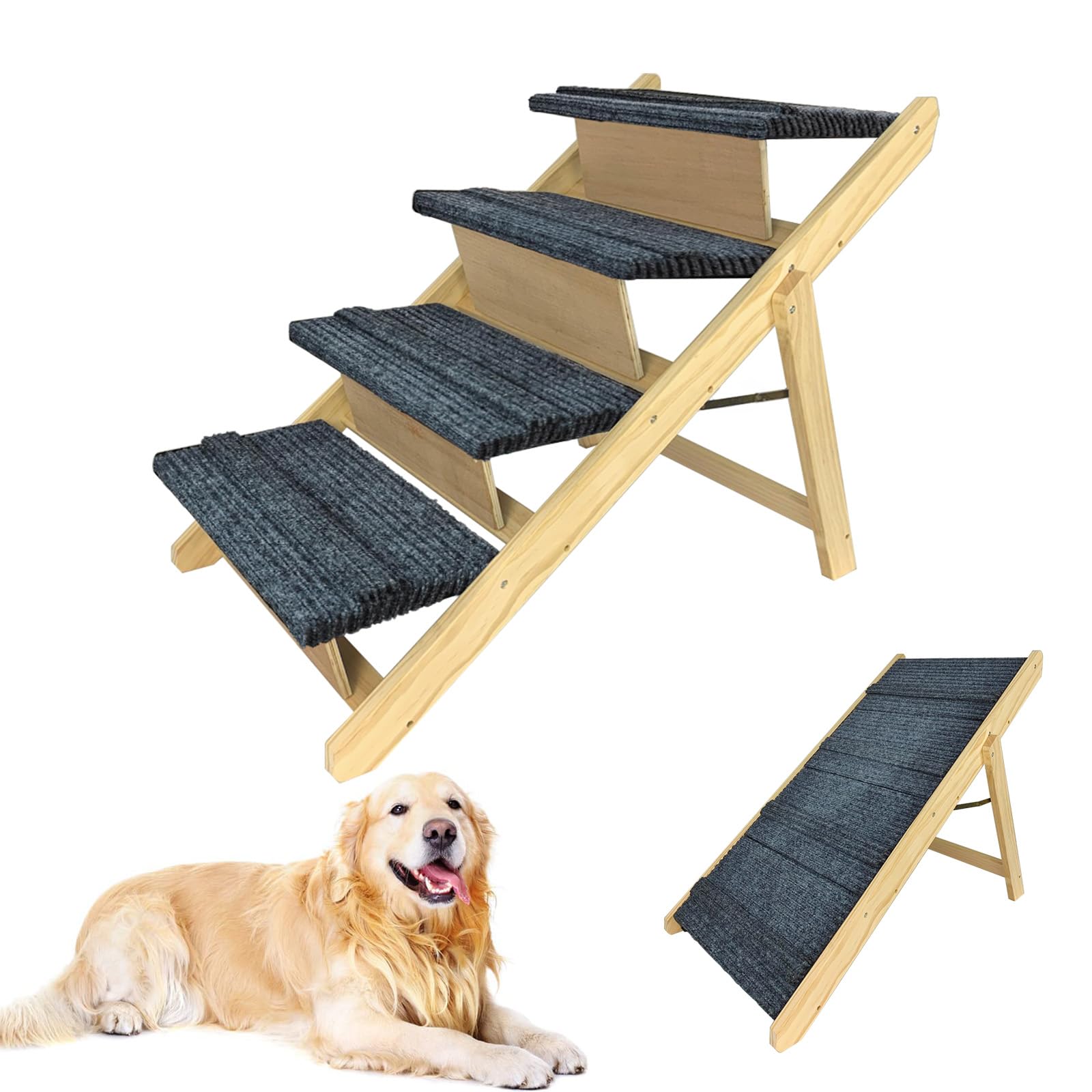 LZQ 2-in-1 hondentrap, hondenhelling, auto, inklapbaar, voor kleine honden en katten, draagbare hondenladder, huisdiertrap van hout met antislip tapijt voor bed, bank, tot 80 kg
